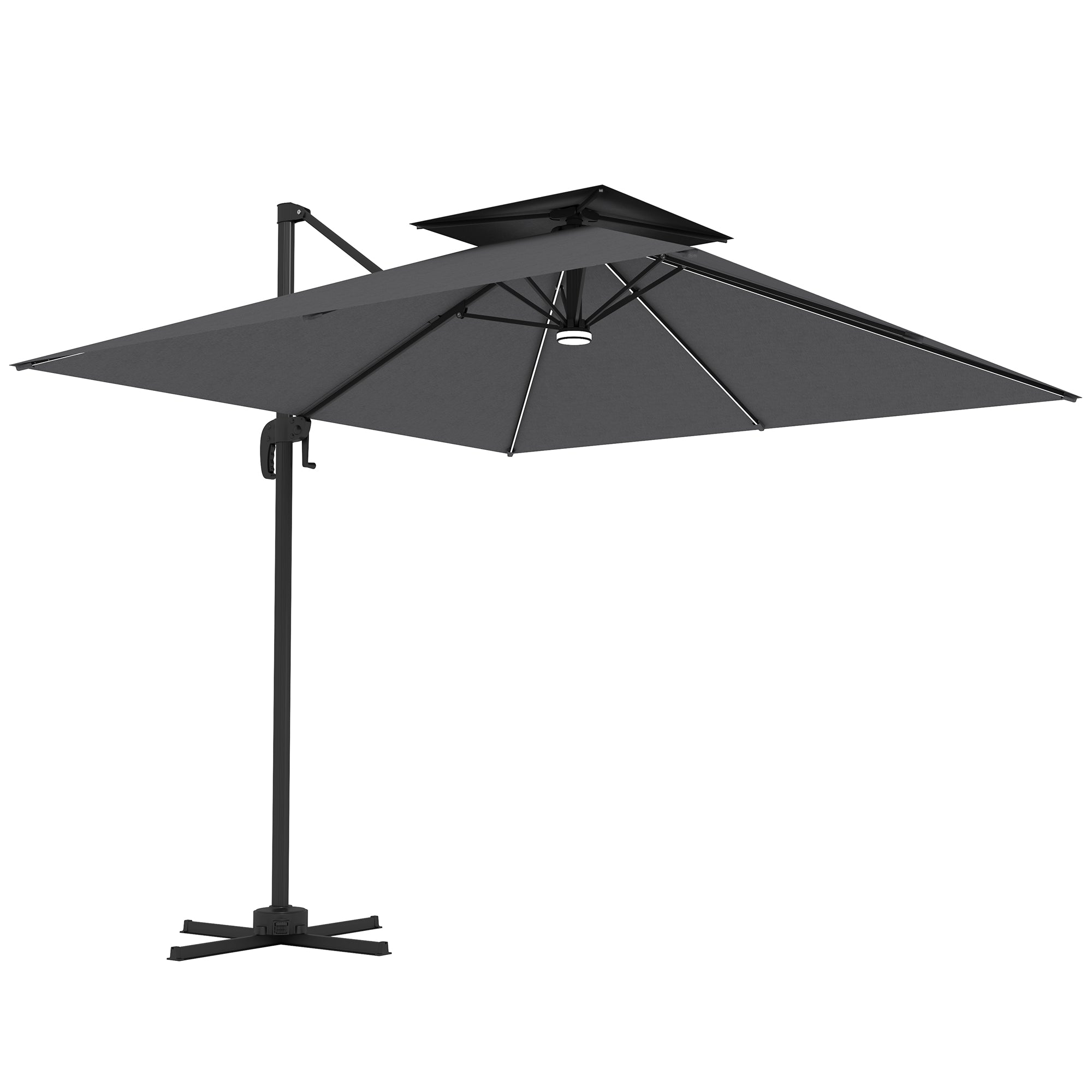 Outsunny 8' Cantilever Patio Umbrella with LED Lights, 360°Rotation, Tilt & Height Adjustment, Crank, Cross Base, Dark Grey