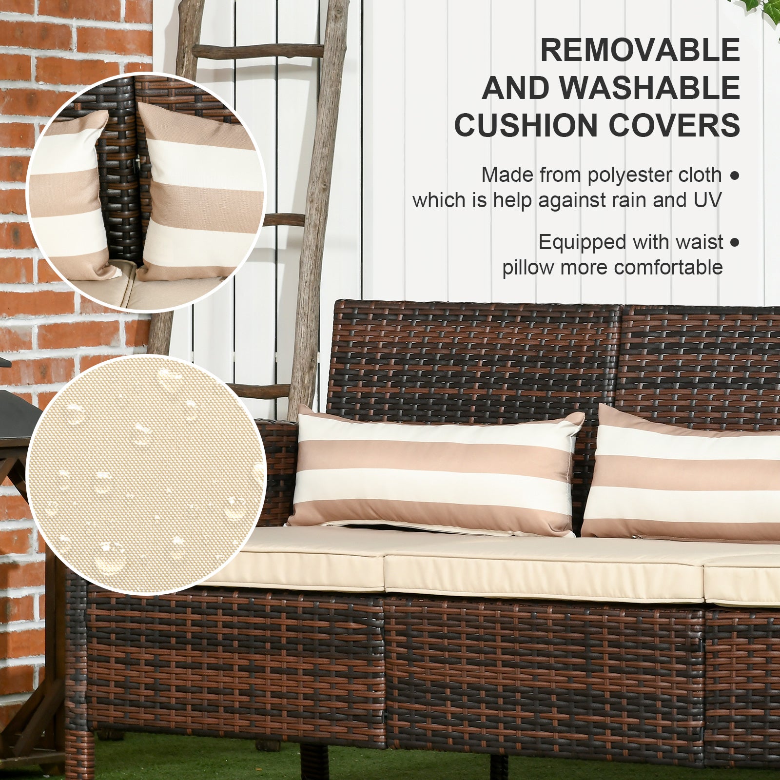 Outsunny 3-Seater Wicker Sofa, PE Rattan Outdoor Couch Conversation Furniture with Removable Cushions for Patio, Garden, Brown