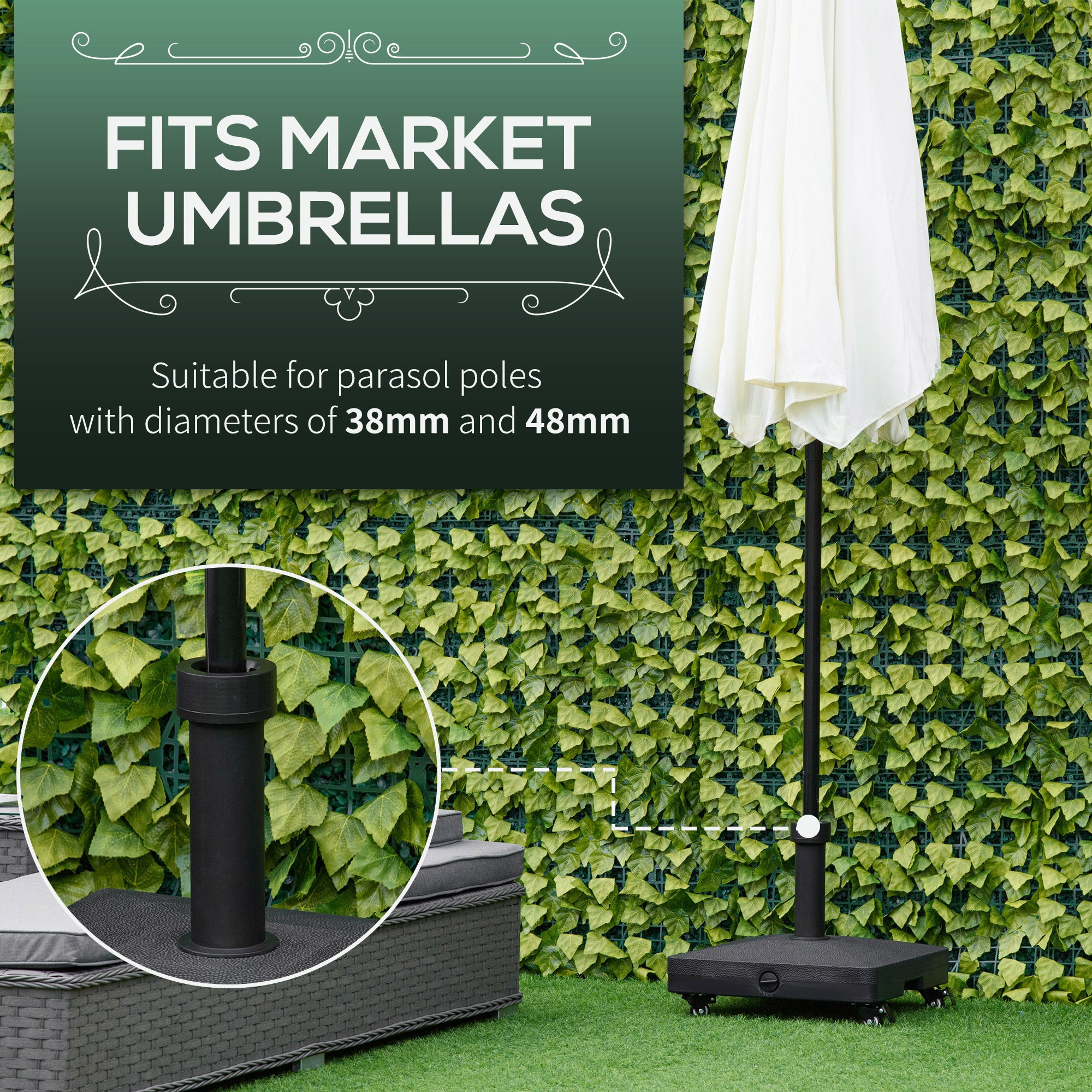 Outsunny Square Parasol Base Portable Umbrella Stand Weights for Cantilever Banana Parasol with Wheels, Water or Sand Filled, for Φ0.75'', Φ1.5'' Poles, Black