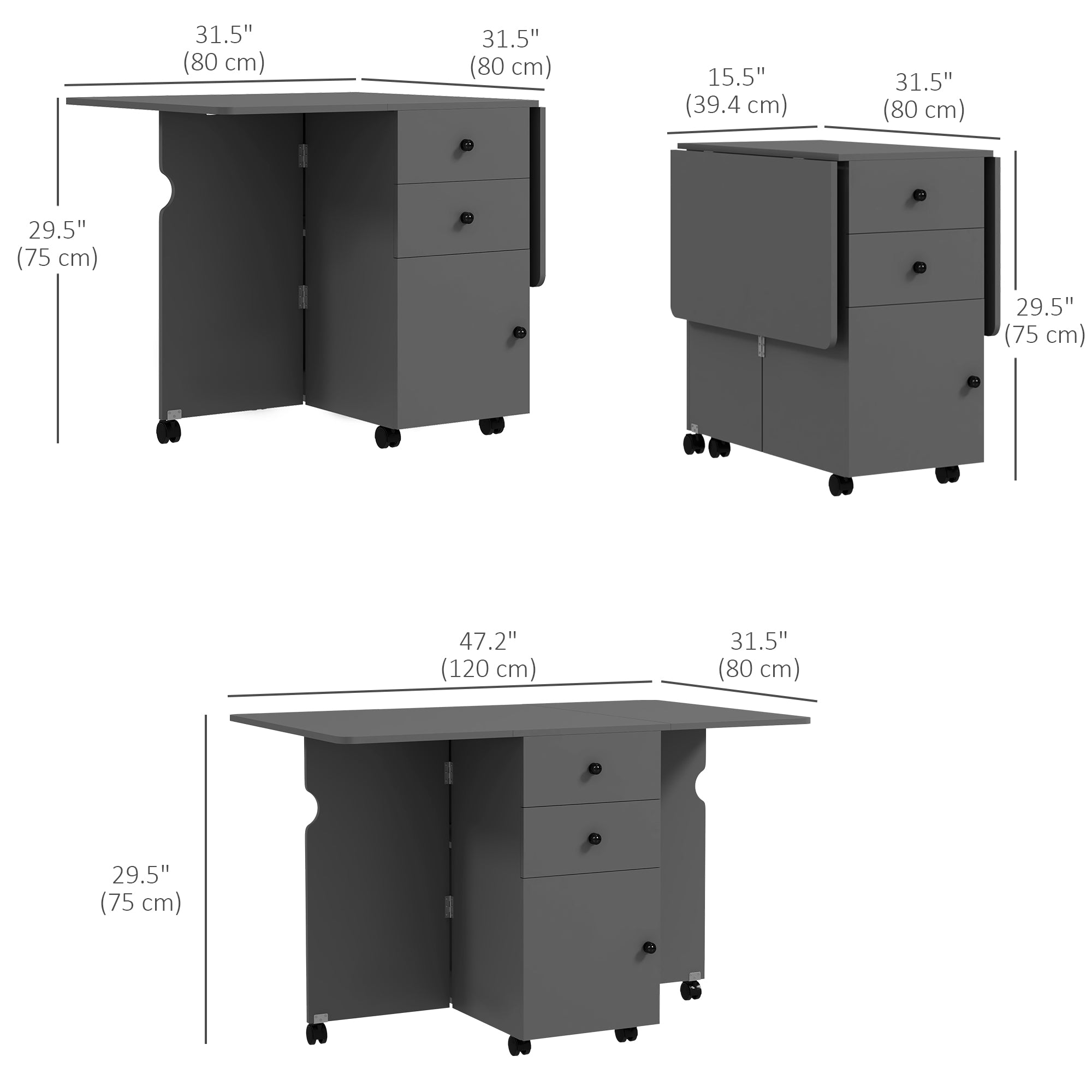 HOMCOM Extendable Dining Table, Drop Leaf Table with 2 Drawers, Cabinet and 6 Wheels for Small Spaces, Kitchen, Grey