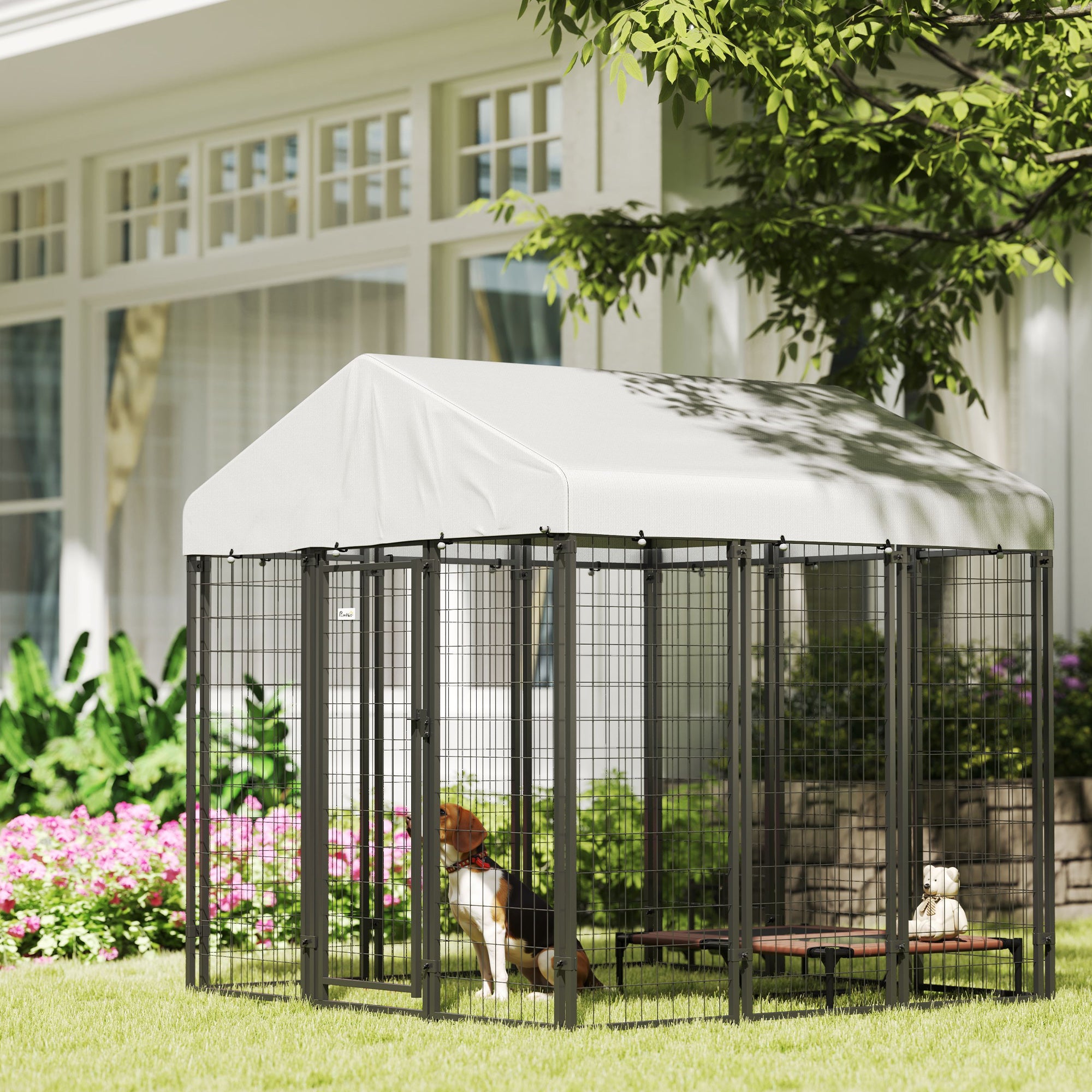 PawHut Outdoor Dog Kennel with Waterproof UV-Resistant Cover, for Large and Medium Dogs, 6' x 6' x 6', Silver