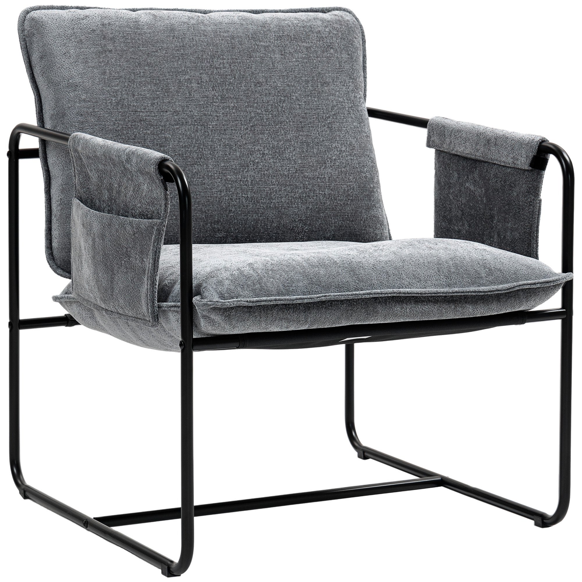 HOMCOM Modern Accent Chair, Upholstered Armchair with Side Pockets and Steel Frame, Comfy Reading Chair for Bedroom, Grey
