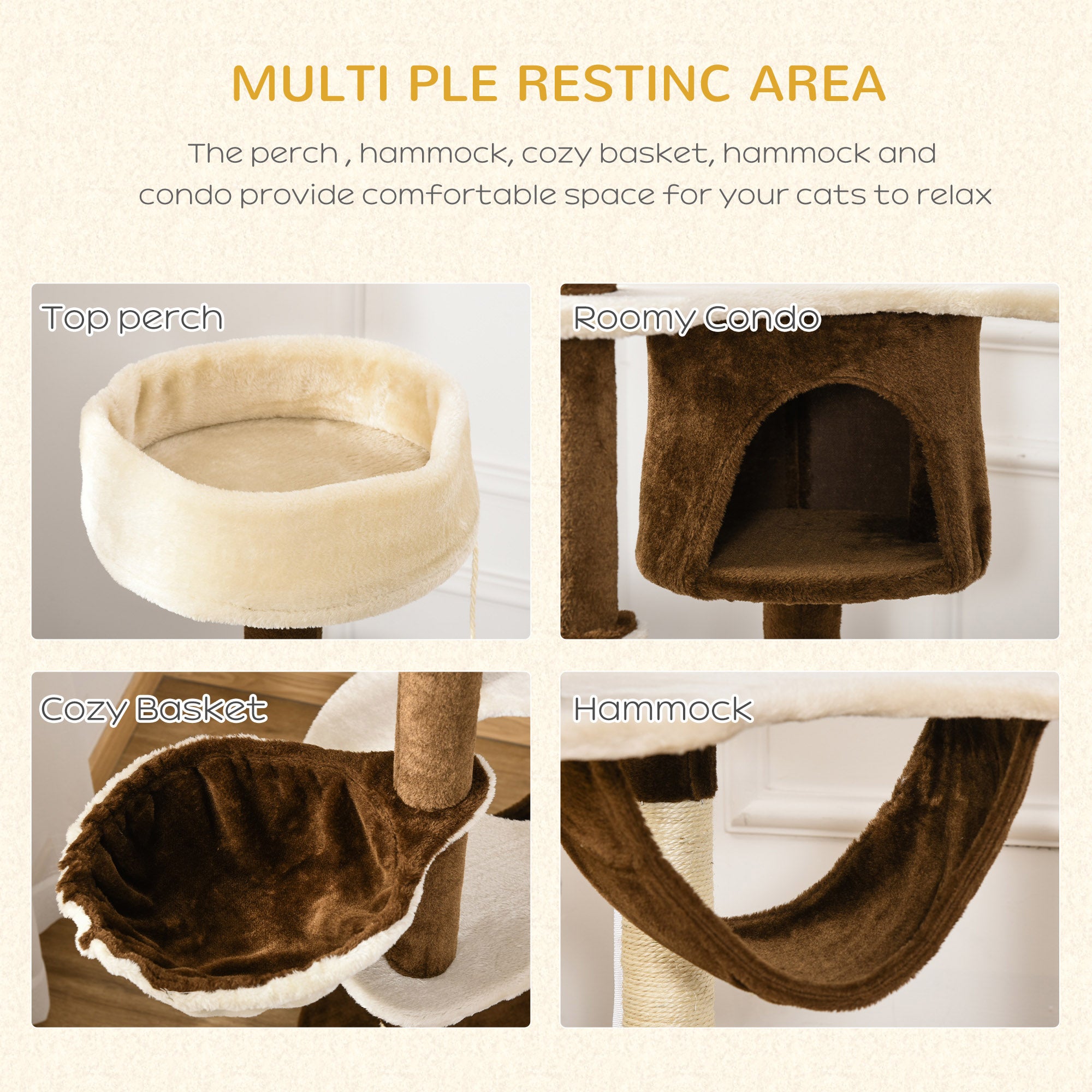 PawHut 60" Cat Scratching Tree, Cat Bed Condo Post House Pet Furniture Toys-Brown & Tan