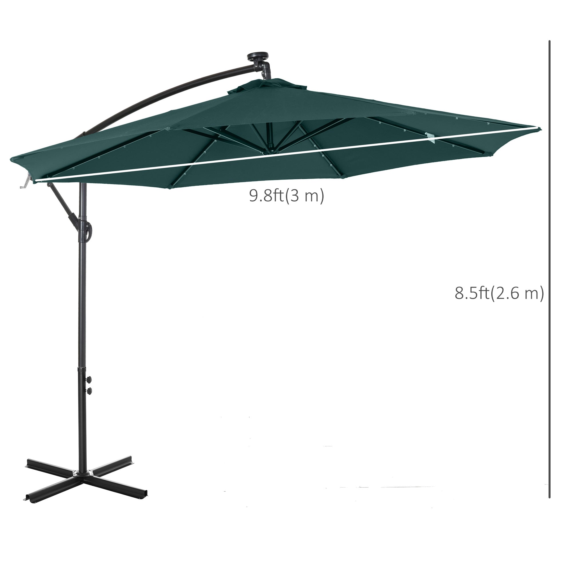 Outsunny 10ft Outdoor Cantilever Umbrella Patio Solor Banana Umbrella with Lights Adjustable Angle for Patio Backyard Dark Green
