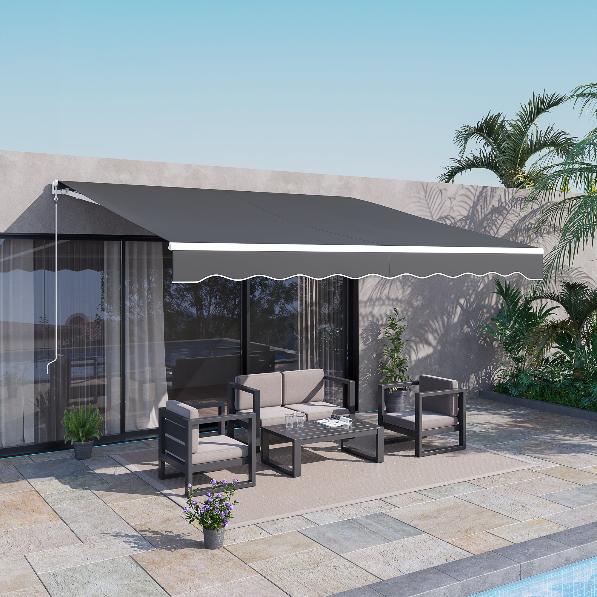 Outsunny 12'x10' Electric Retractable Awning, UV Protection Sun Shade Shelter w/ Remote Controller for Deck Balcony Yard, Grey
