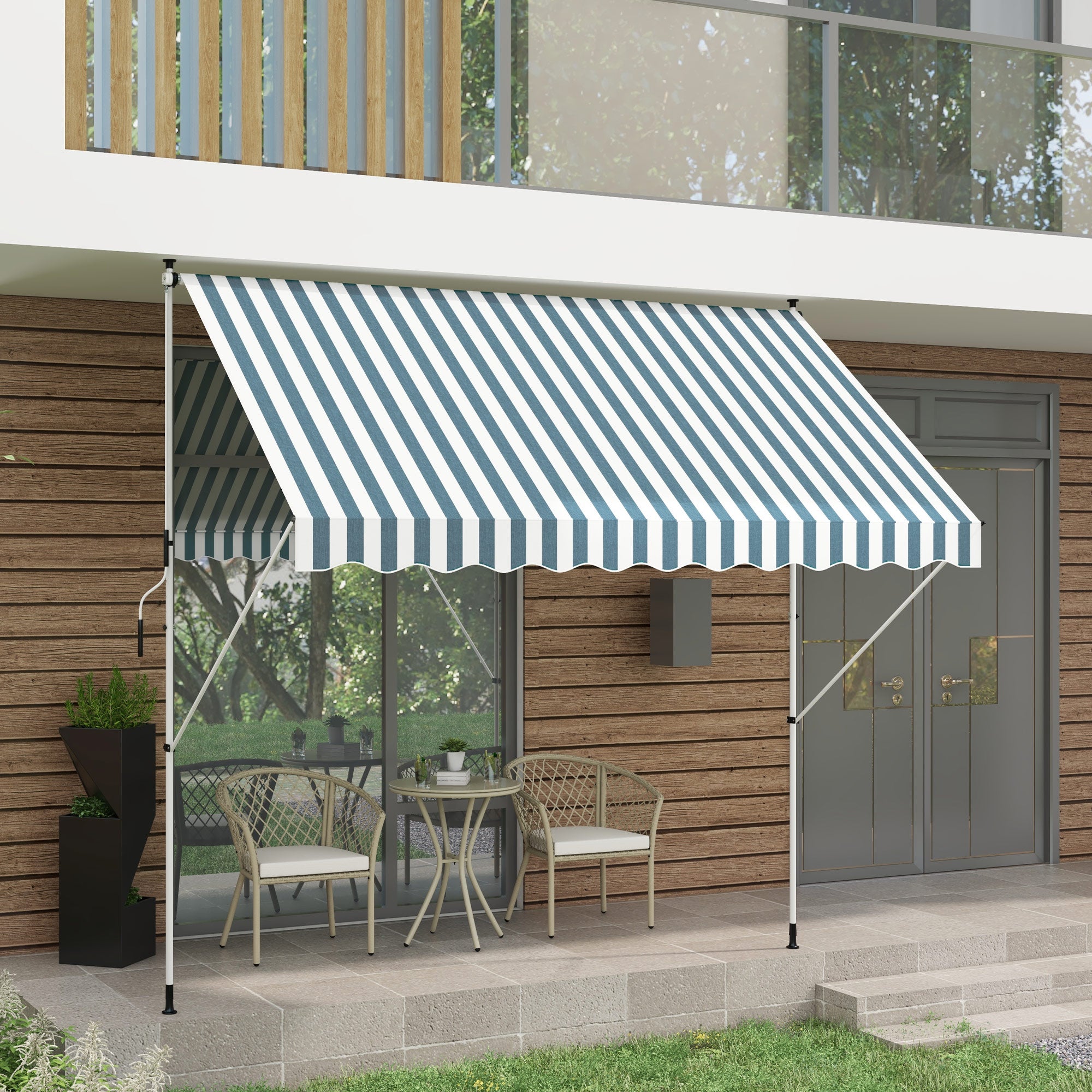 Outsunny 10x5ft Manual Retractable Awning, Patio Sun Shade Canopy Shelter with 5.6-9.2ft Support Pole, Water Resistant UV Protector, for Window, Door, Porch, Deck, Green
