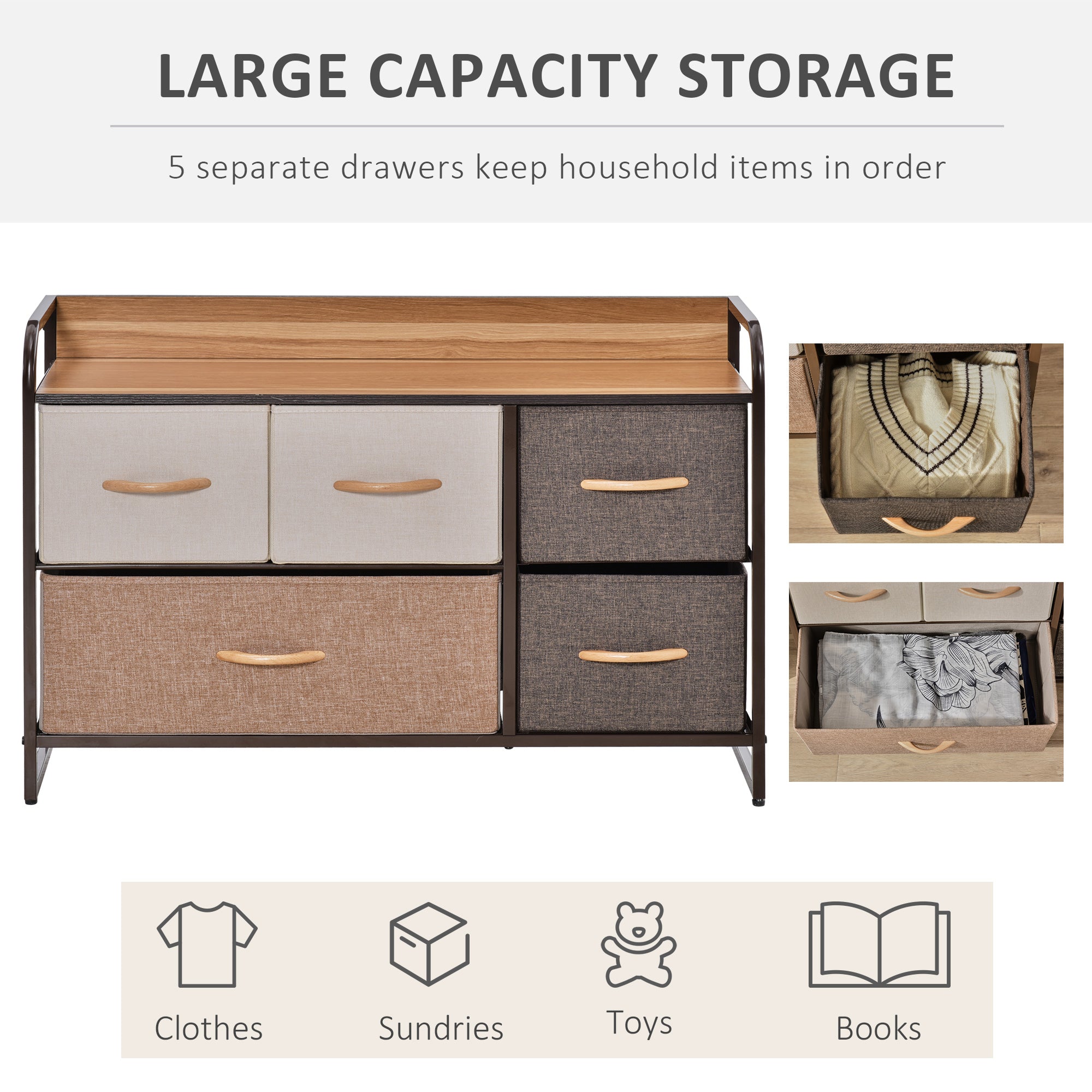 HOMCOM 5-Bin Dresser Storage Tower Cabinet Organizer Unit, Easy Pull Fabric Bins with Metal Frame for Bedroom