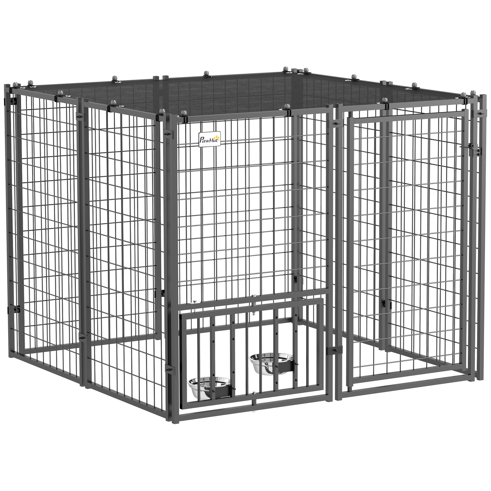 PawHut Outdoor Dog Run with Adjustable & Rotatable Dog Bowls, Sun-Shade Cover, for Small and Medium Dogs, 4.6' x 4.6' x 3.7'