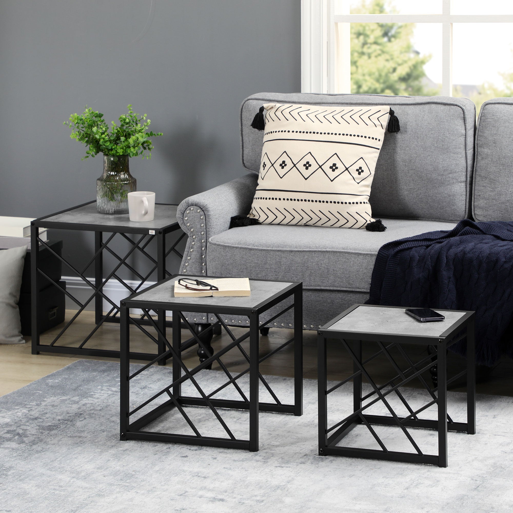HOMCOM Nest of Tables Set of 3, Square Coffee Table Set with Metal Frame for Living Room, Bedroom, Grey