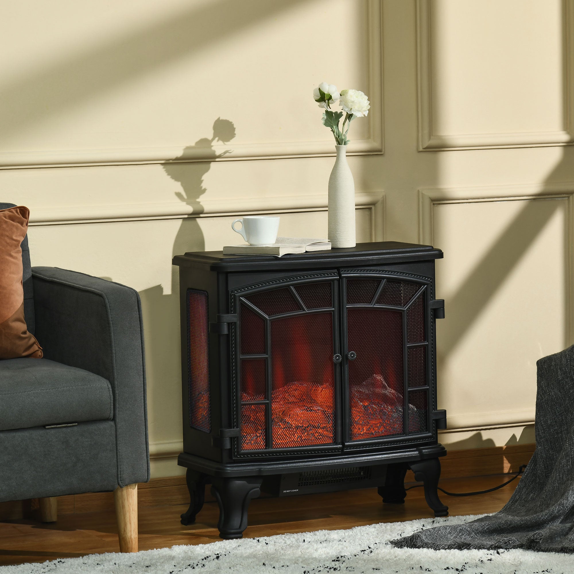 HOMCOM Electric Fireplace Heater, Freestanding Fireplace Stove with Realistic Flame Effect, Timer, Overheating Protection, 750W/1500W, Black