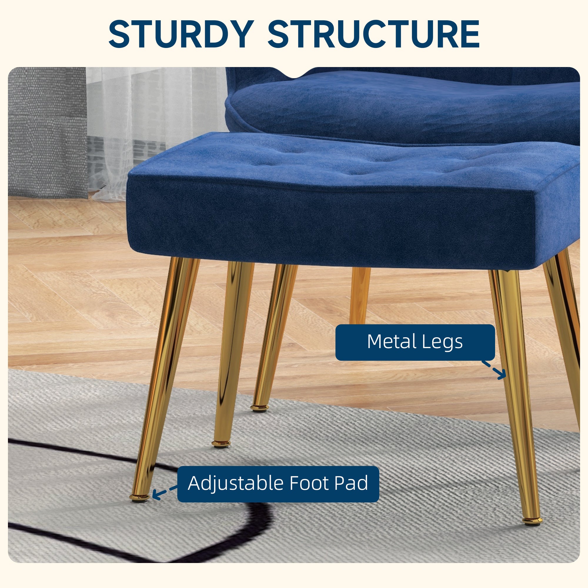 HOMCOM Modern Accent Chair with Footrest, Gold Metal Legs for Living Room & Bedroom - Dark Blue Upholstered Armchair