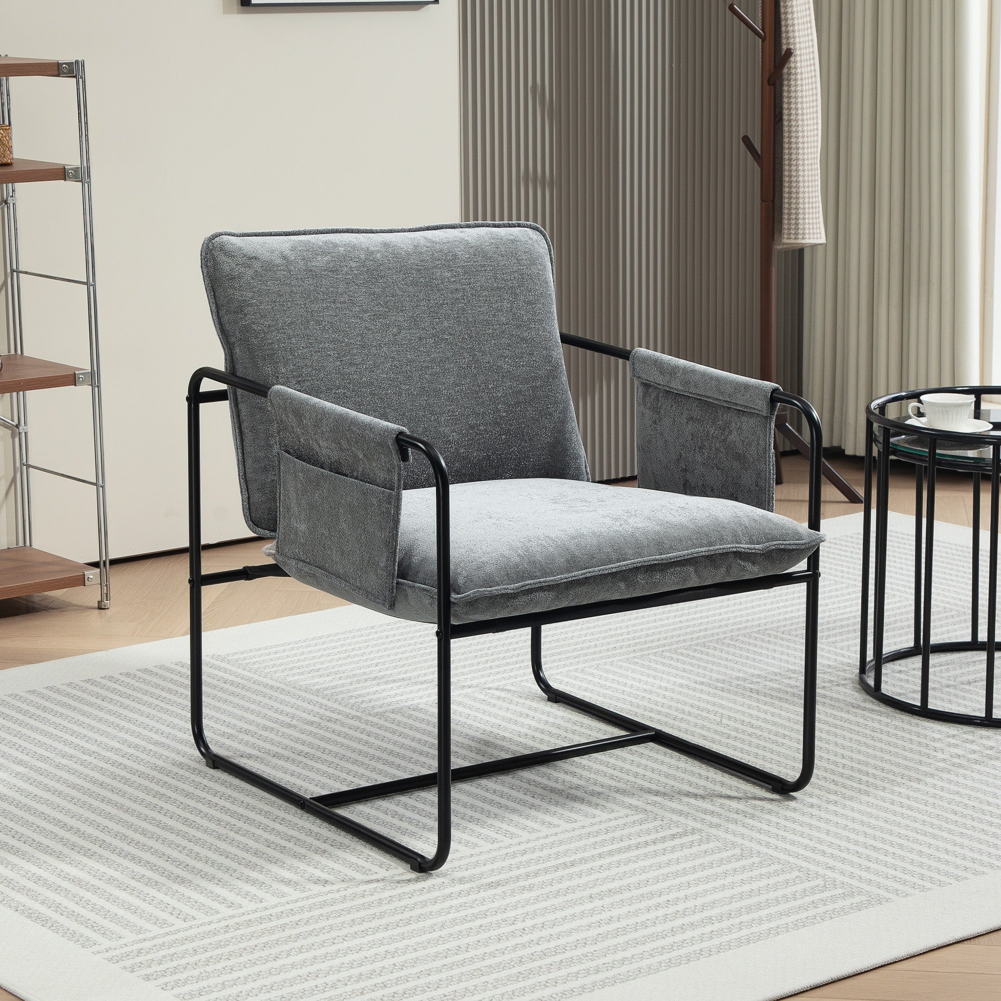 HOMCOM Modern Accent Chair, Upholstered Armchair with Side Pockets and Steel Frame, Comfy Reading Chair for Bedroom, Grey