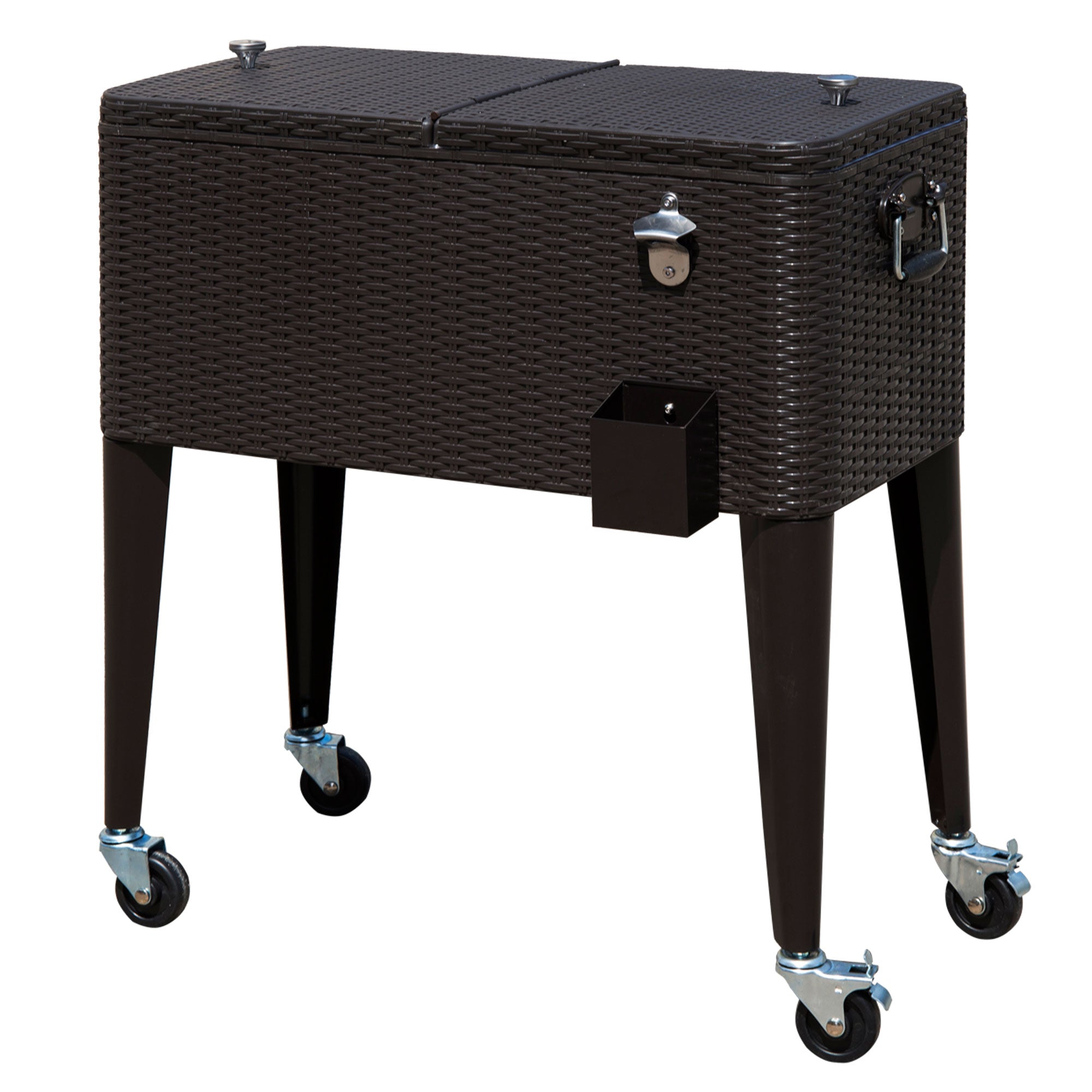 Outsunny 80 Quart Rattan Rolling Cooler Cart Portable Patio Ice Beer Beverage Cooling Bin for Outdoor Party w/ Bottle Opener, Brown Wicker