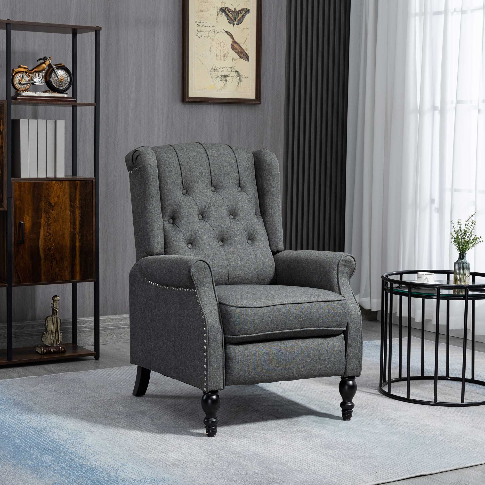 HOMCOM Wingback Reclining Chair with Footrest, Button Tufted Recliner Chair with Rolled Armrests for Living Room, Dark Grey
