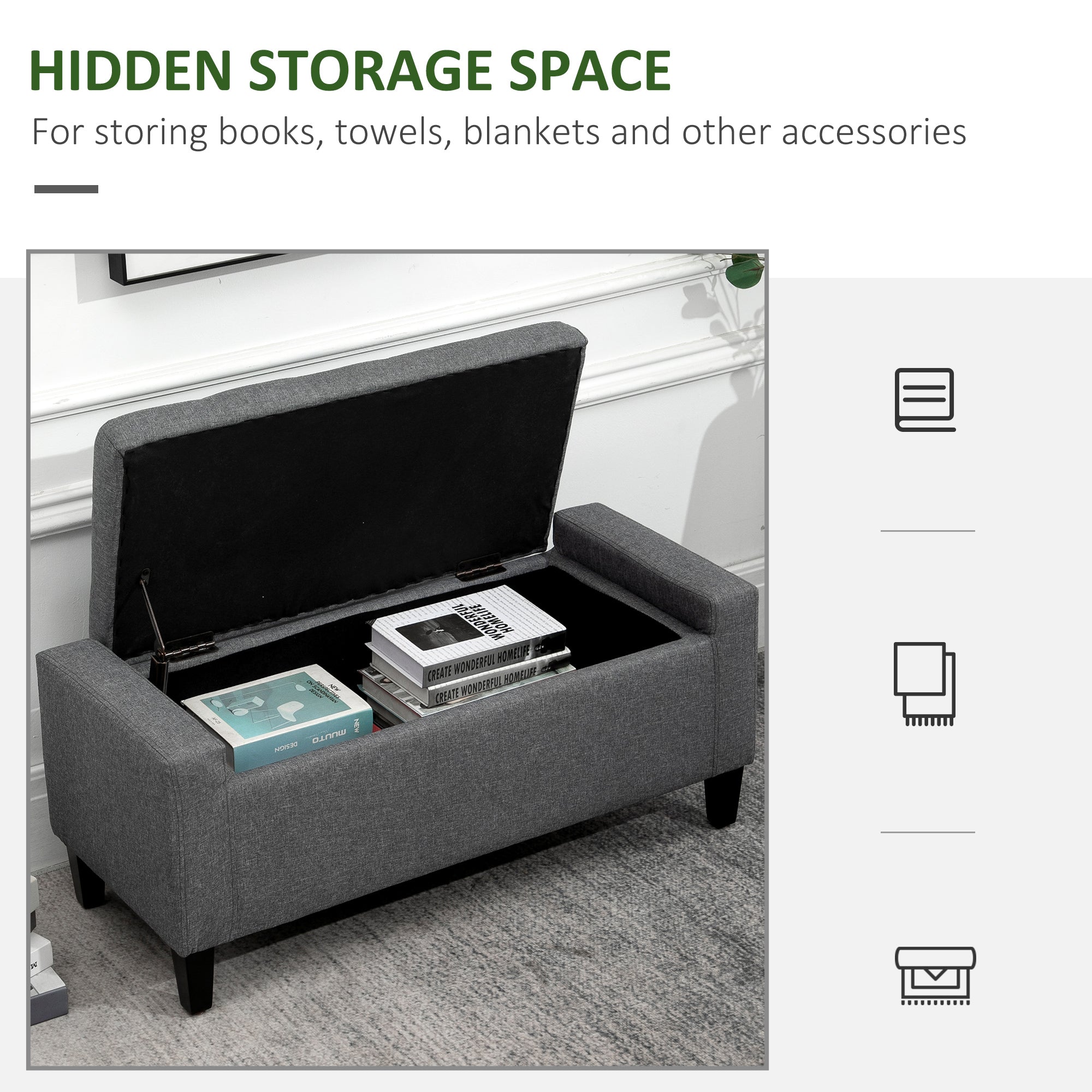 HOMCOM Storage Ottoman Bench Linen-Touch Fabric Tufted Chest Footstool with Flipping Top, Grey
