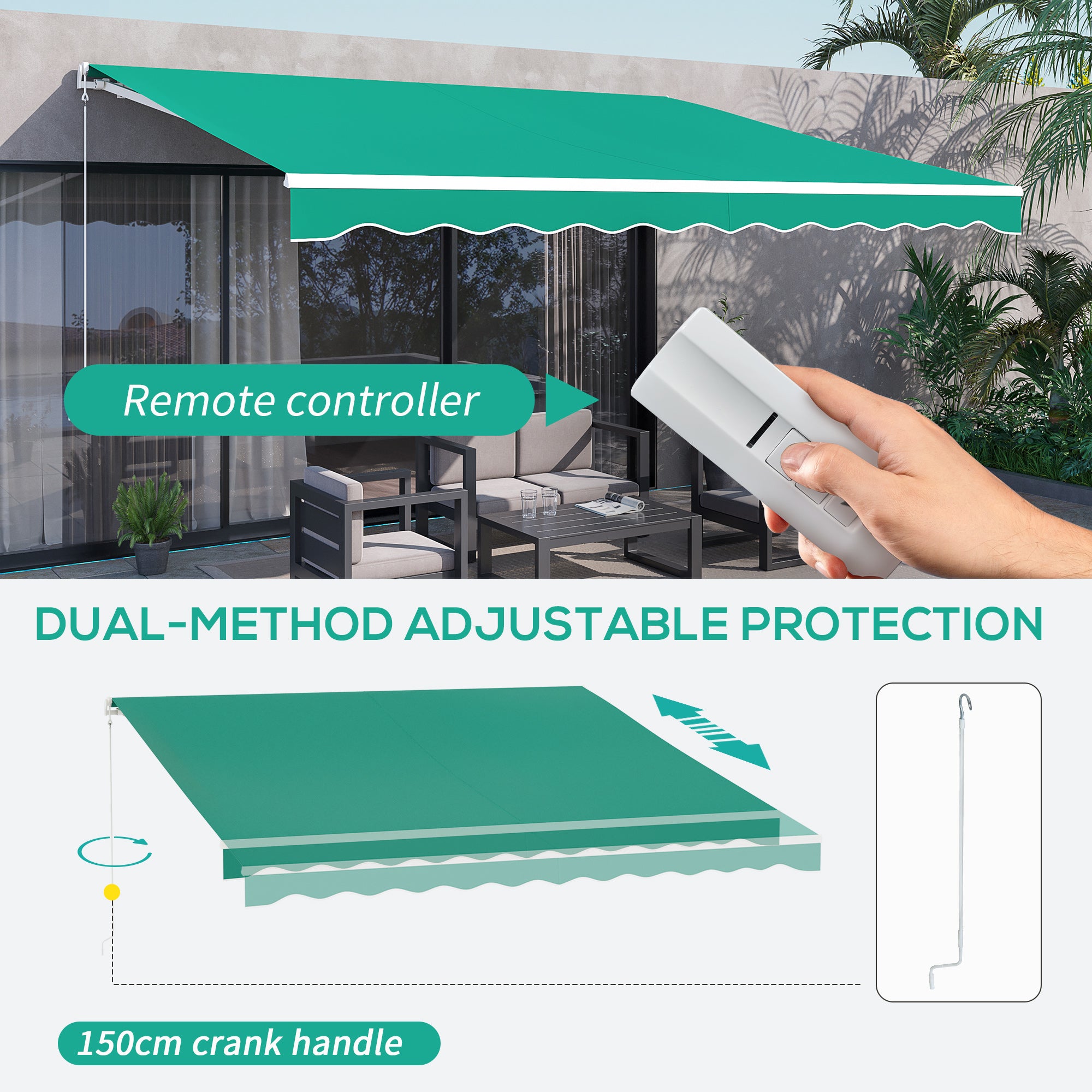 Outsunny 13' x 10' Electric Awning, Retractable Awning Sun Shade Shelter with Remote Controller, Manual Crank Handle and Aluminum Frame, for Deck, Balcony, Yard, Green