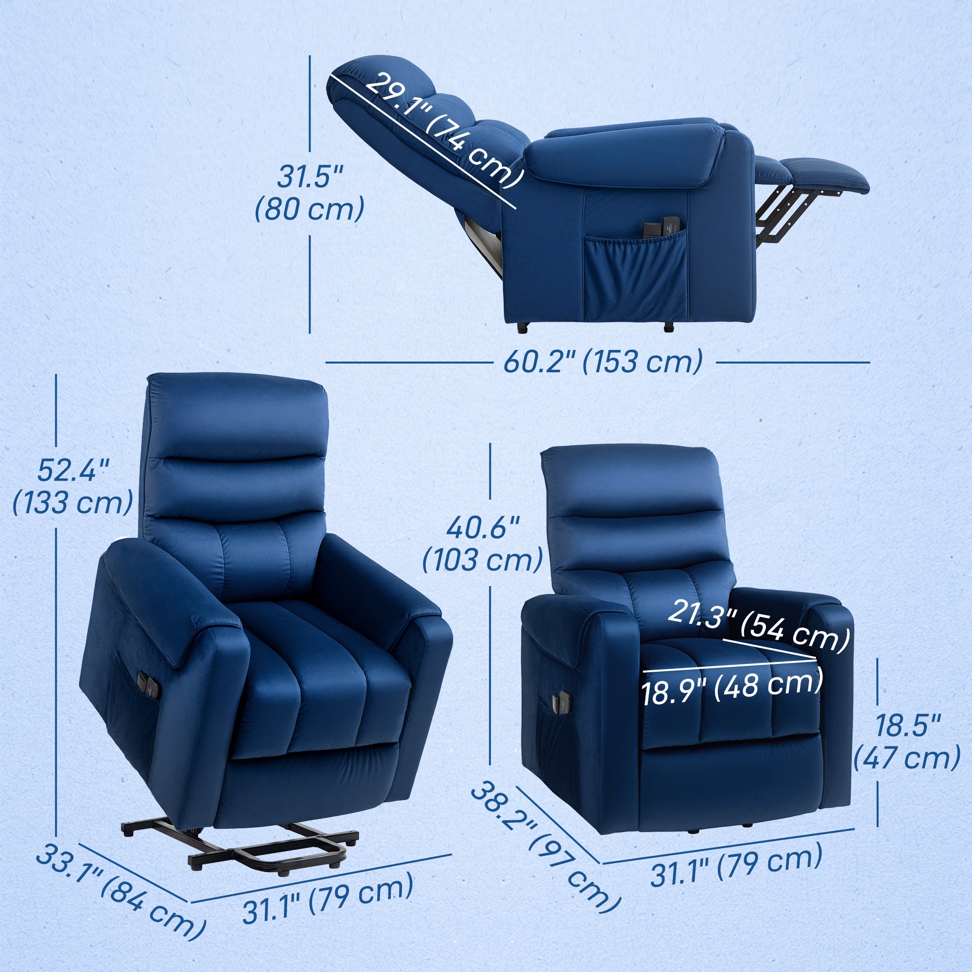 HOMCOM Lift Chair for Elderly, Massage Recliner Chair with 8 Vibration Points, Footrest, Remote Control, Side Pockets Dark Blue