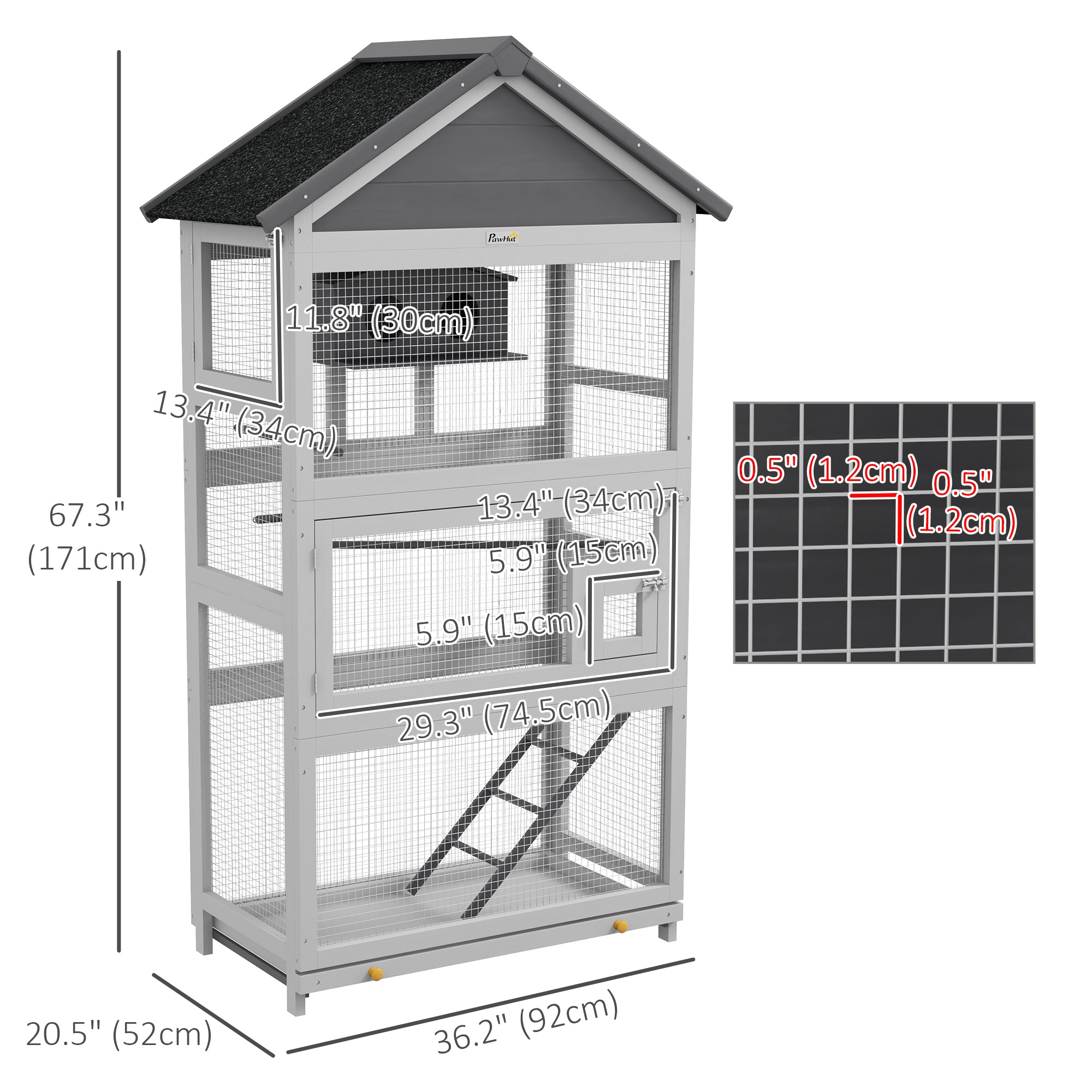 PawHut Wooden Bird Cage with Perches, Bird House, Ladder, Slide-Out Tray for Finches, Parakeets, Small Birds, Grey