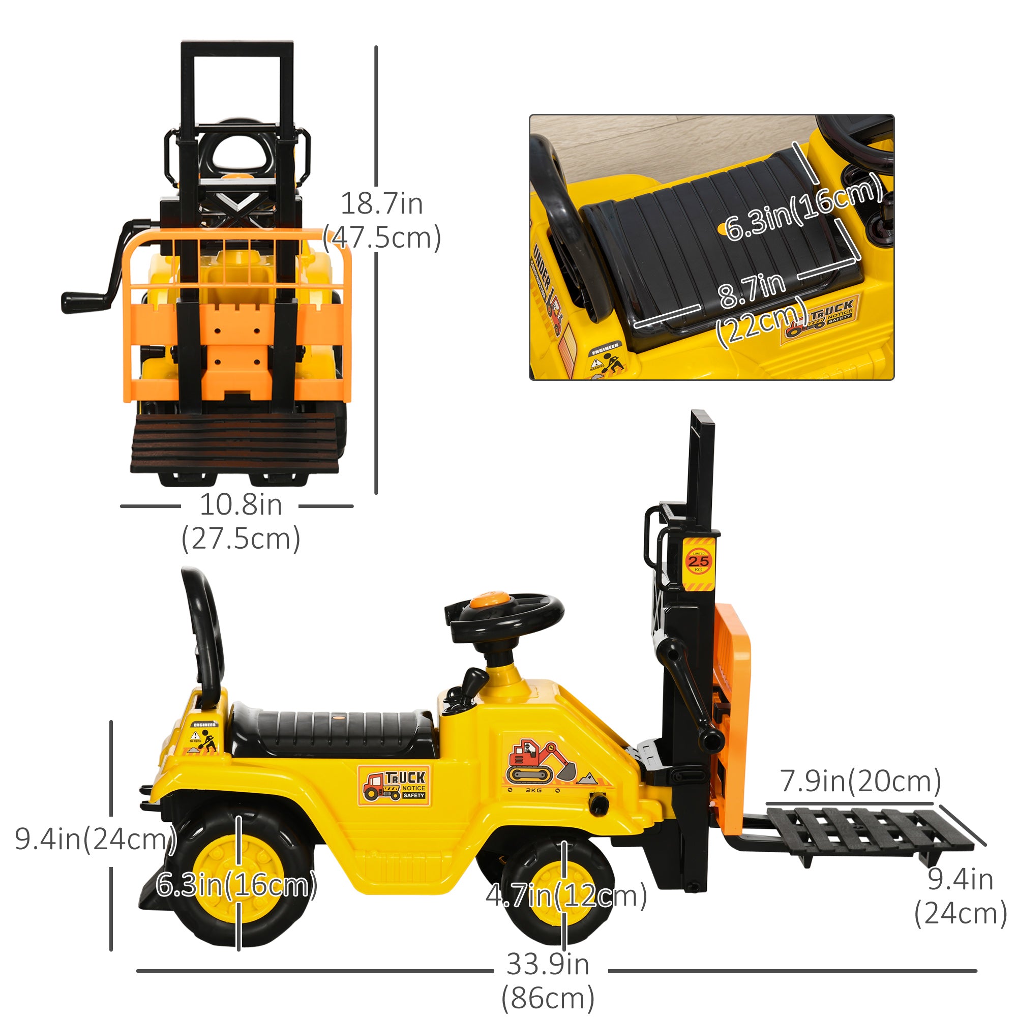 Aosom Ride On Forklift Toy No Power Construction Truck with Fork Tray Storage, for 3-4 Years Old, 33.9"x10.8"x 18.7", Yellow