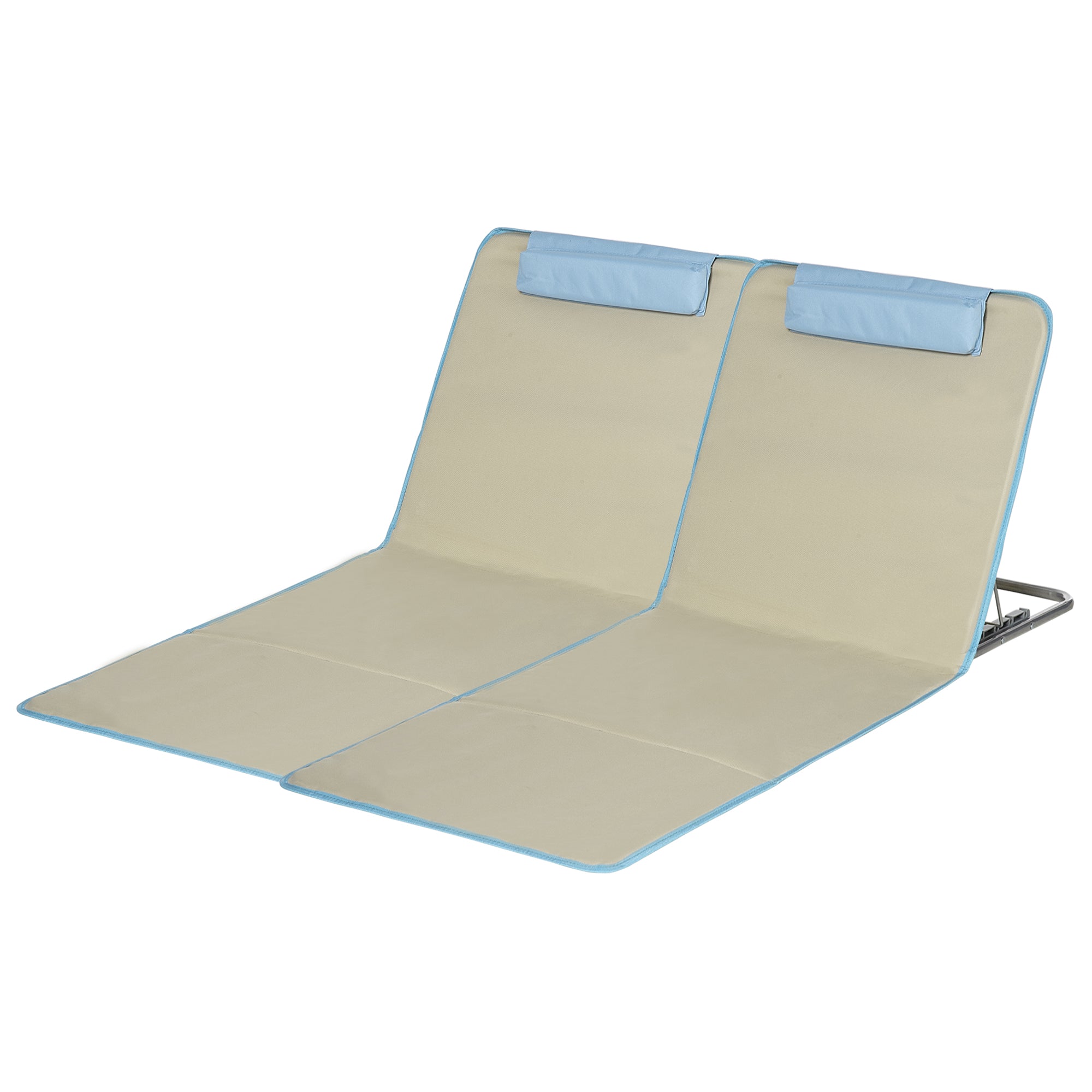 Outsunny Set of 2 Beach Lounge Chair, Folding Ground Beach Mat w/ Adjustable Back, Steel Frame, Head Pillow and Carry Bag, Beige
