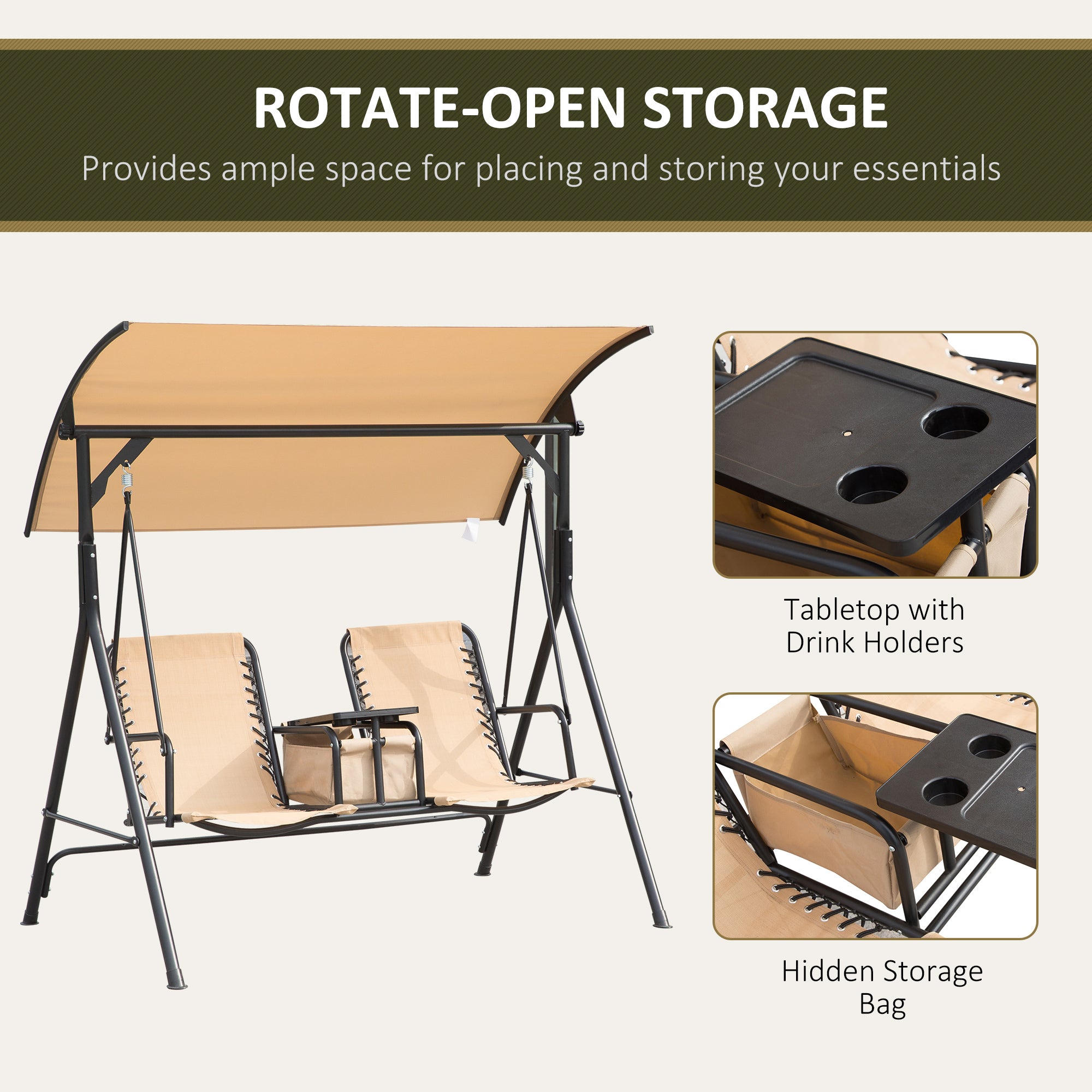 Outsunny 2 Person Covered Porch Swing Patio Swing with Pivot Storage Table, Cup Holder, & Adjustable Overhead Canopy, Beige