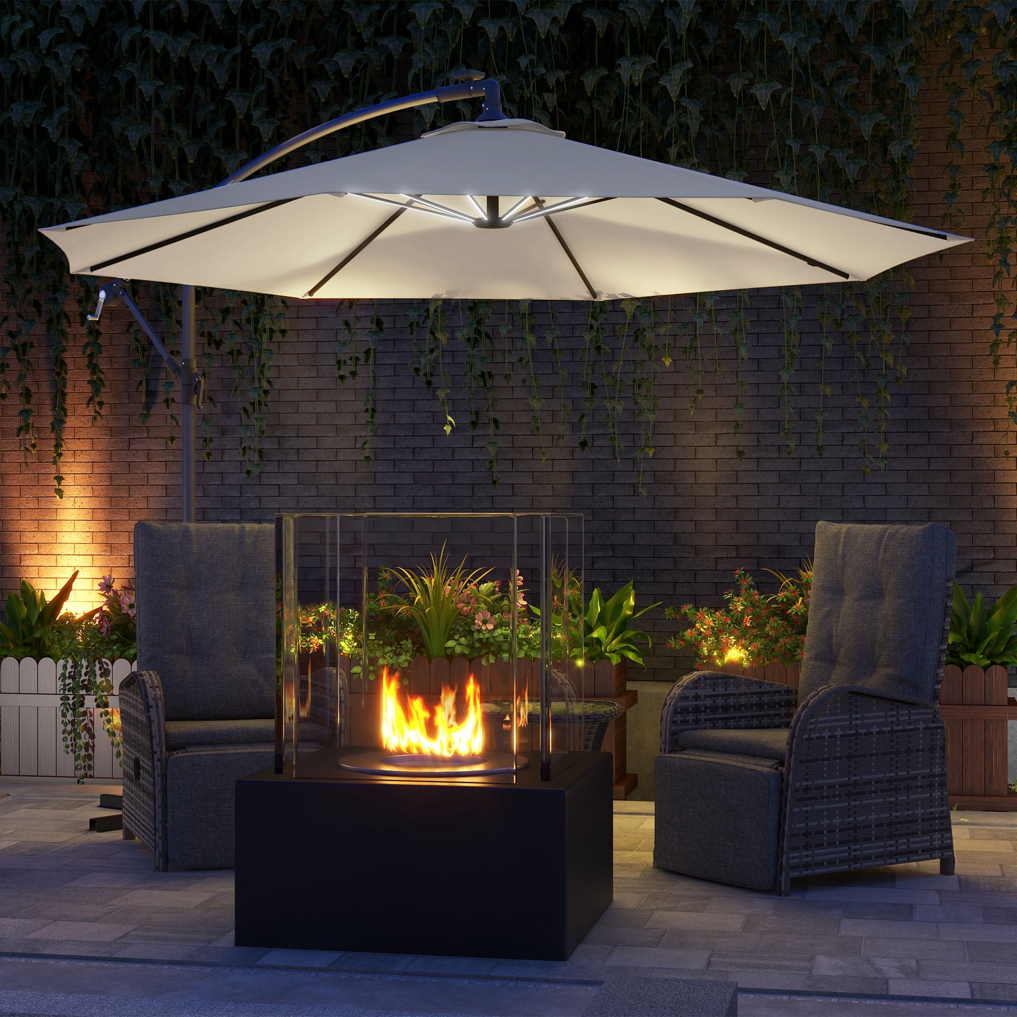Outsunny 10ft Outdoor Cantilever Hanging Offset Umbrella with Solar LED Lights, Crank, Cross Base, Aluminum Frame, Beige