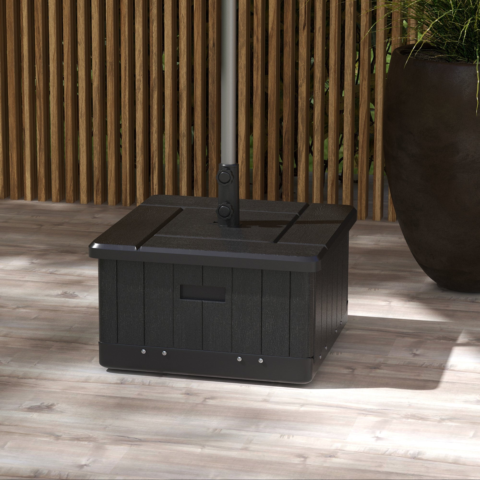 Outsunny 3-in-1 Outdoor Umbrella Base with Wheels and Handles, End Table, Flower Box Planter with Hole, 176 lbs. Capacity, Black