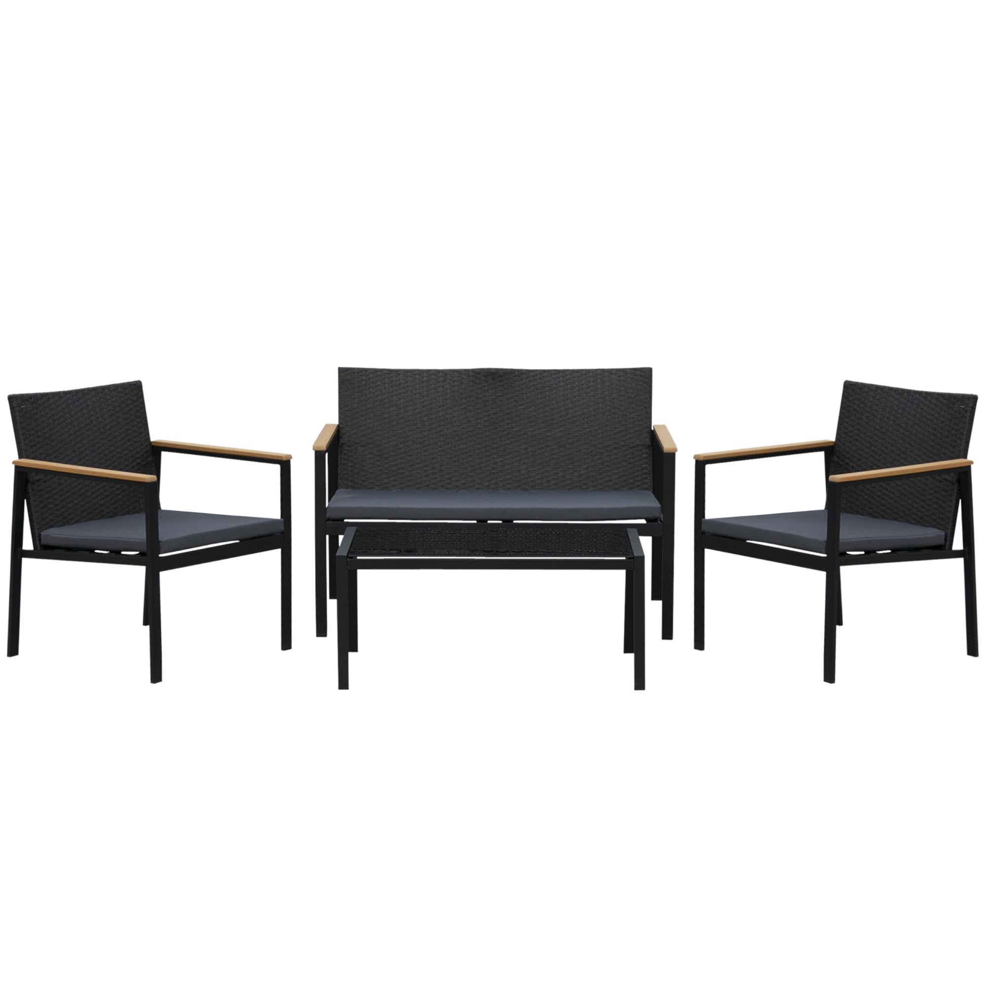 Outsunny 4 Pieces Wicker Patio Furniture Set with Cushions, Outdoor Rattan PE Rattan Conversation Set, Chairs and Loveseat with PS Board Armrests Decoration, Glass Top Table, Black