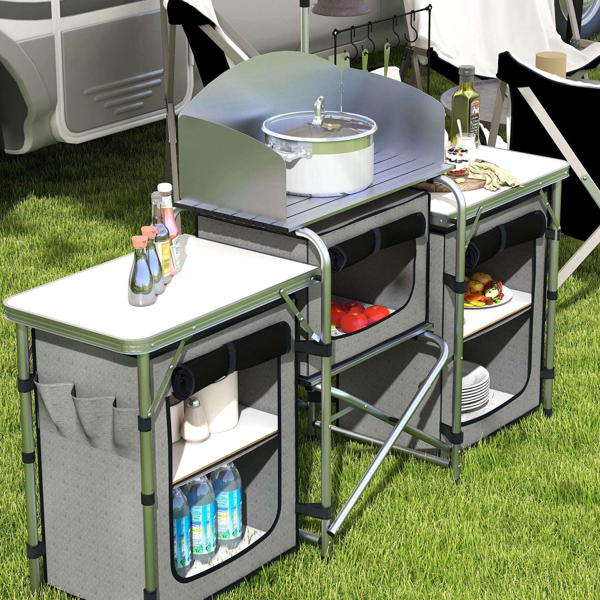 Outsunny Aluminum Camping Kitchen, Portable Folding Camping Table with Fabric Cupboards, Windshield, Bag for BBQ, Picnic, Grey
