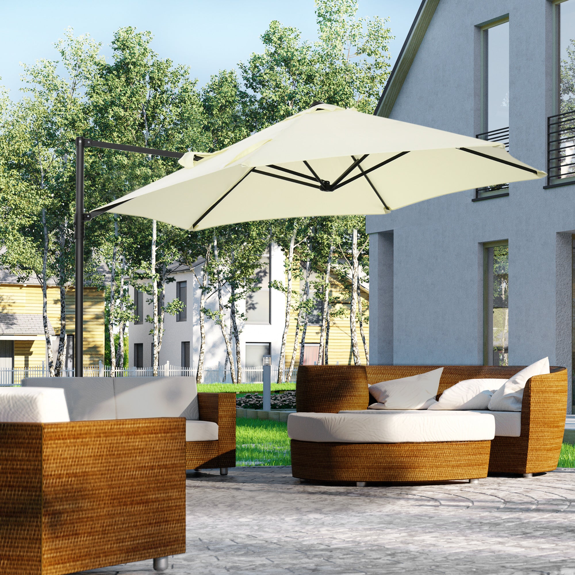 Outsunny 8.5FT Offset Patio Umbrella with 360° Rotation, Outdoor Cantilever Roma Parasol Hanging Sun Shade Canopy Shelter with Cross Base, Beige