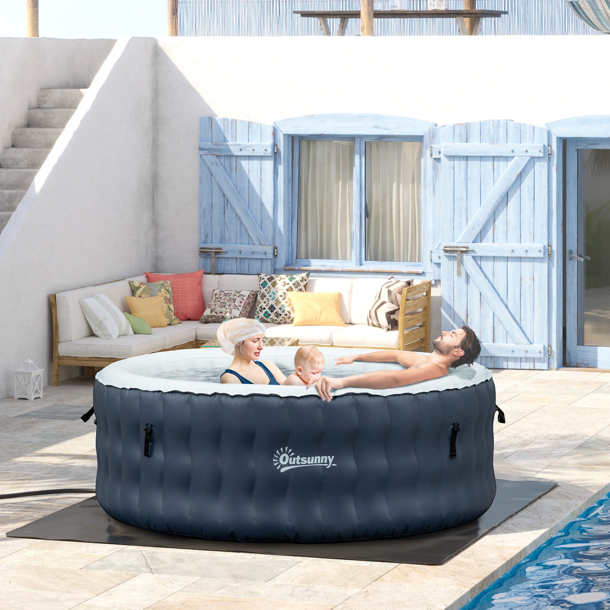 Outsunny 4-6 Person Inflatable Portable Hot Tub Outdoor Round Heated Spa with 108 Jets, Cover, Filter Cartridges, Dark Blue