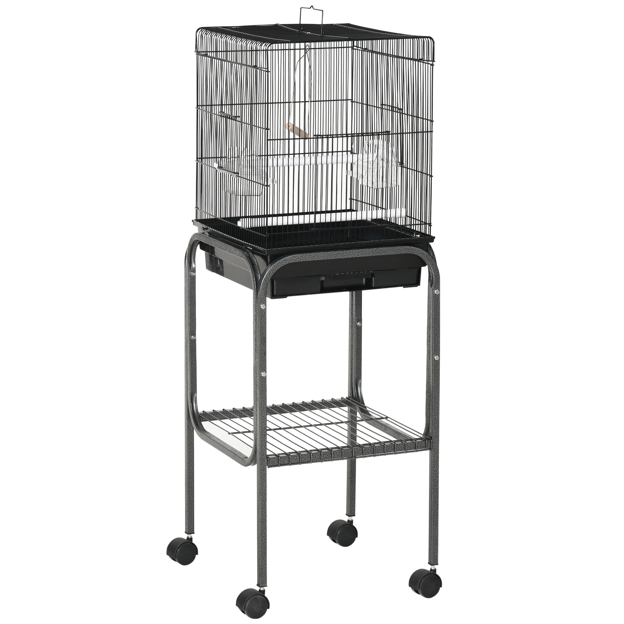 PawHut 44.5"H Metal Bird Cage Parrot Play Spot Stand with Wheel, Storage Shelf, Multi-doors - Black
