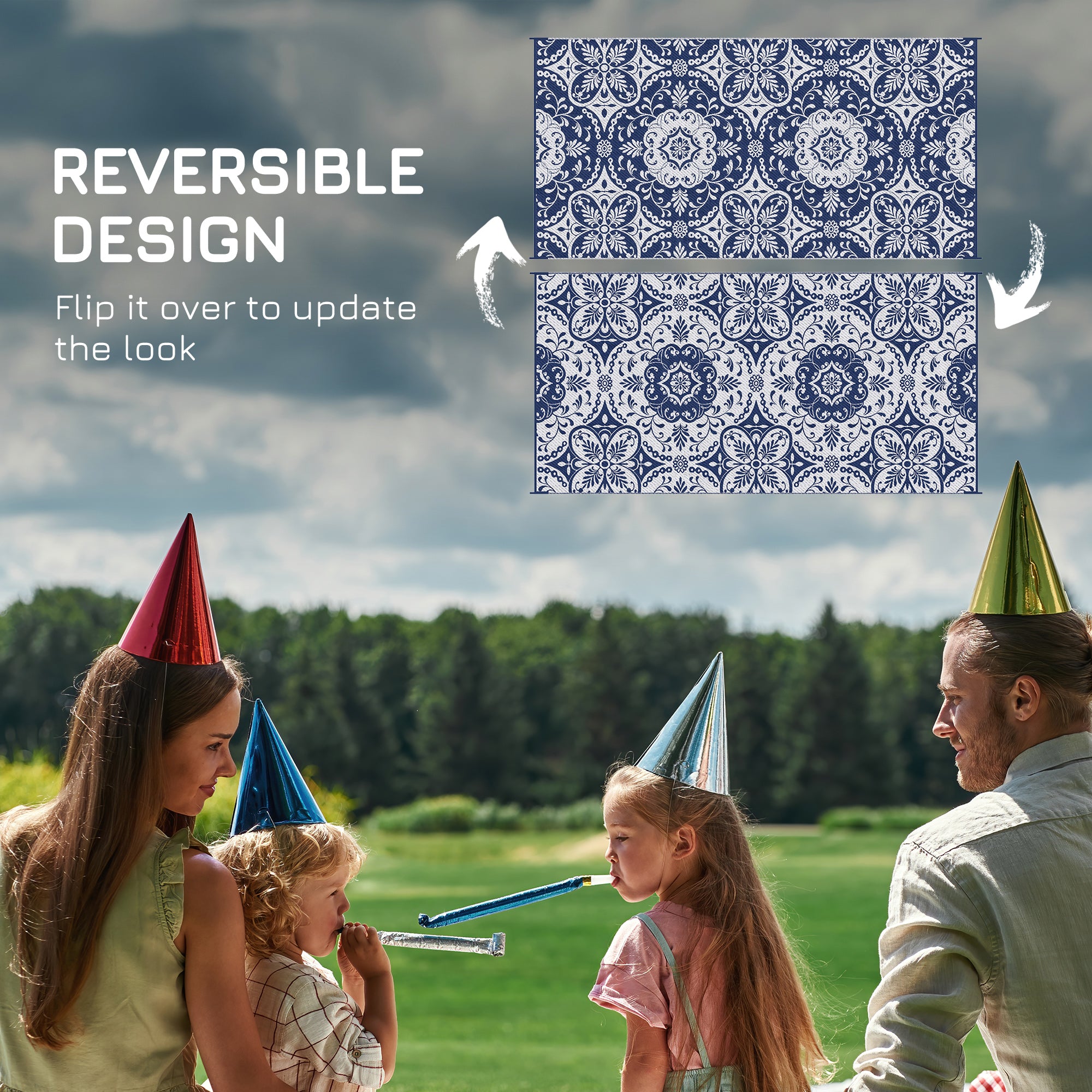 Outsunny Portable Outdoor Rug with Carry Bag, 9' x 18' Reversible Mat, Waterproof Plastic Straw RV Rug for Backyard, Deck, Picnic, Beach, Camping, Blue & White Flower