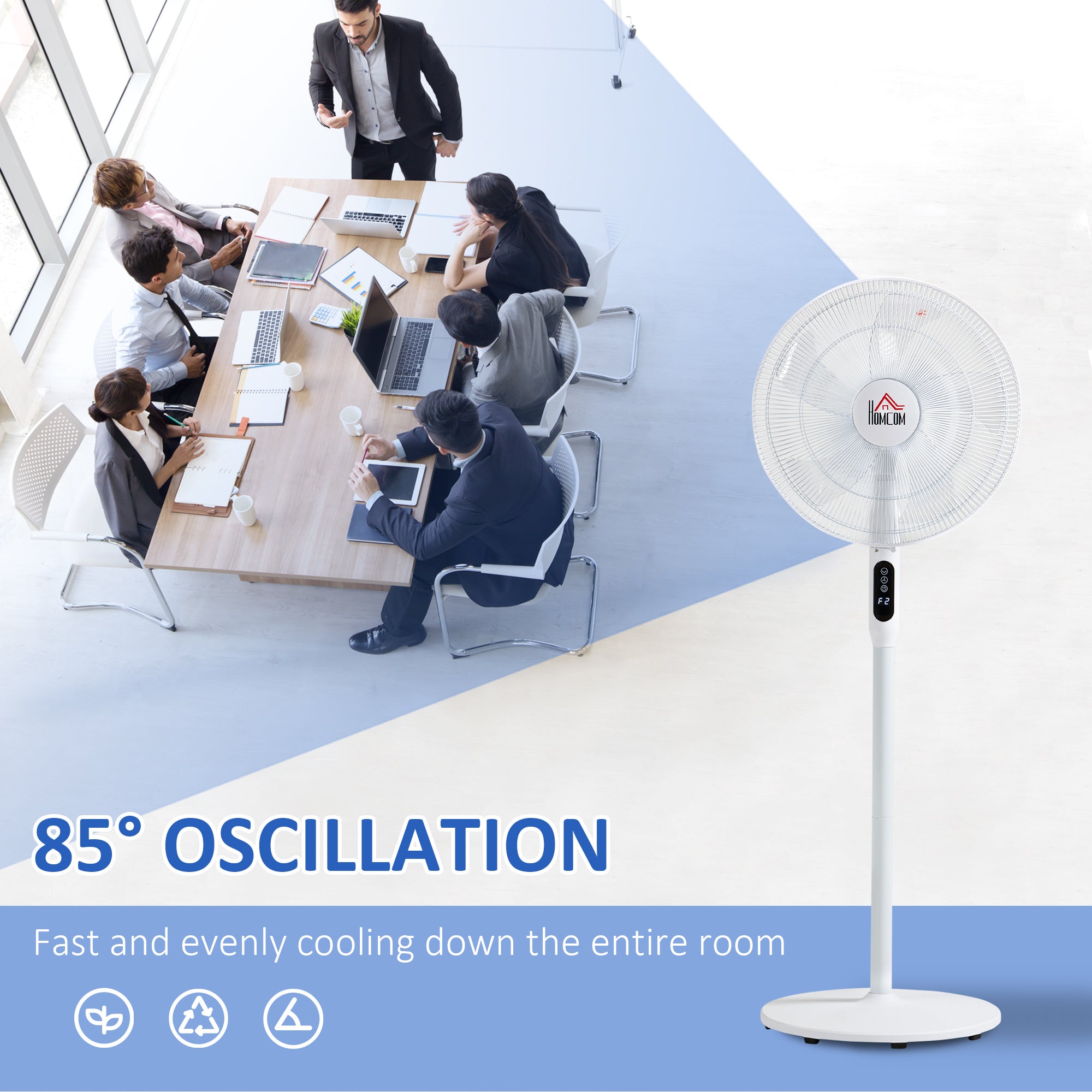 HOMCOM Floor Standing Fan with Remote Control, Oscillating, LED Screen, Stand Up Cooling Fan, Tall Pedestal Electric Fan for Home Bedroom, White