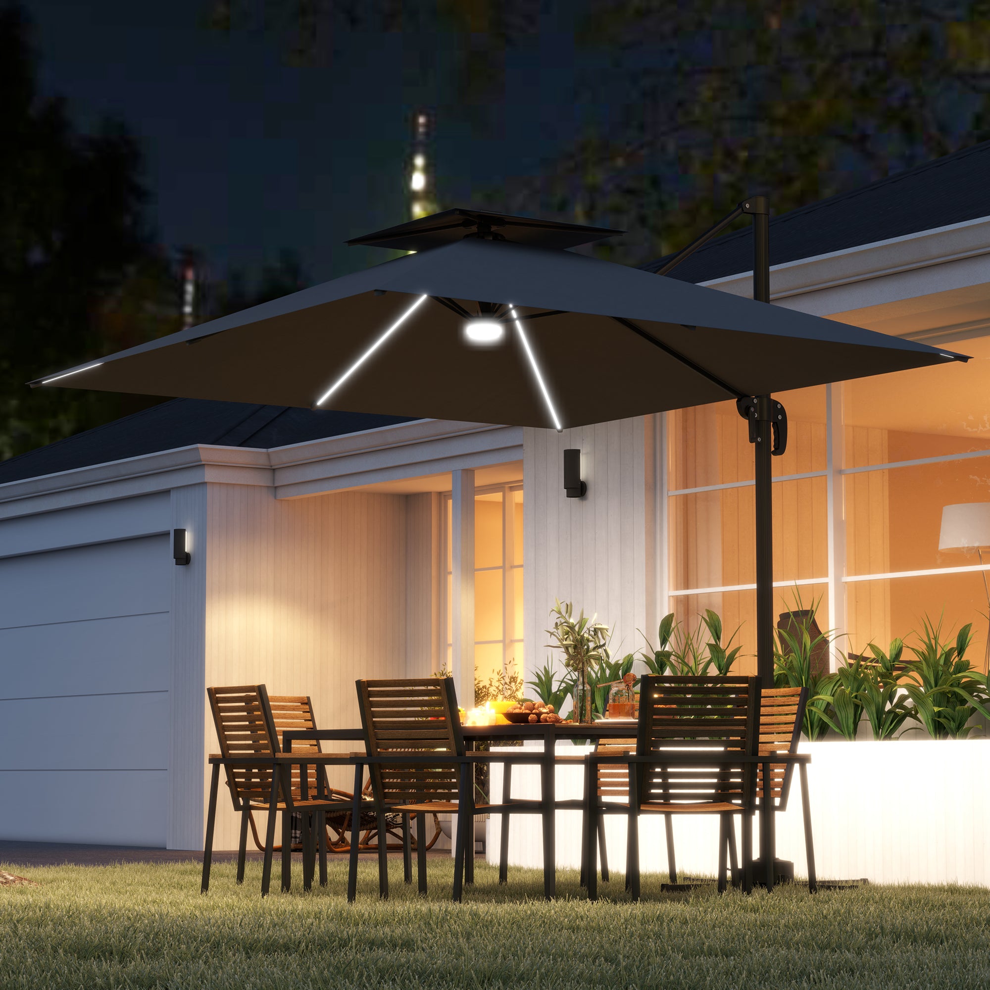 Outsunny 8' Cantilever Patio Umbrella with LED Lights, 360°Rotation, Tilt & Height Adjustment, Crank, Cross Base, Dark Grey