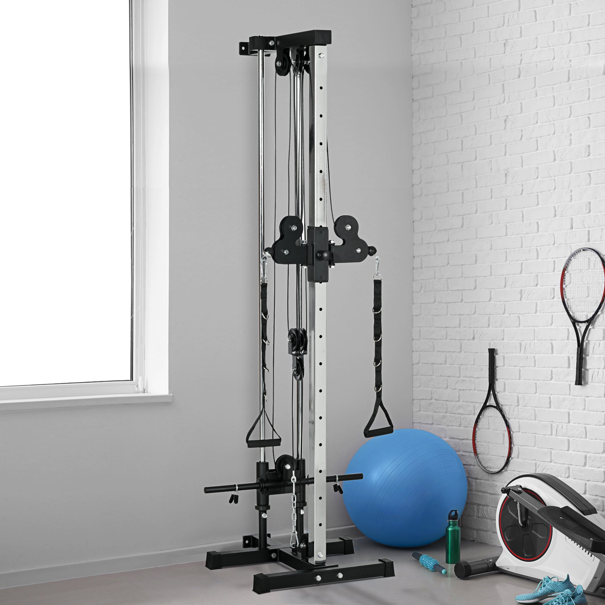 Soozier Wall Mount Cable Station, 15 Positions Adjustable Dual Pulley Machine Cable Crossover Machine for Home Gym