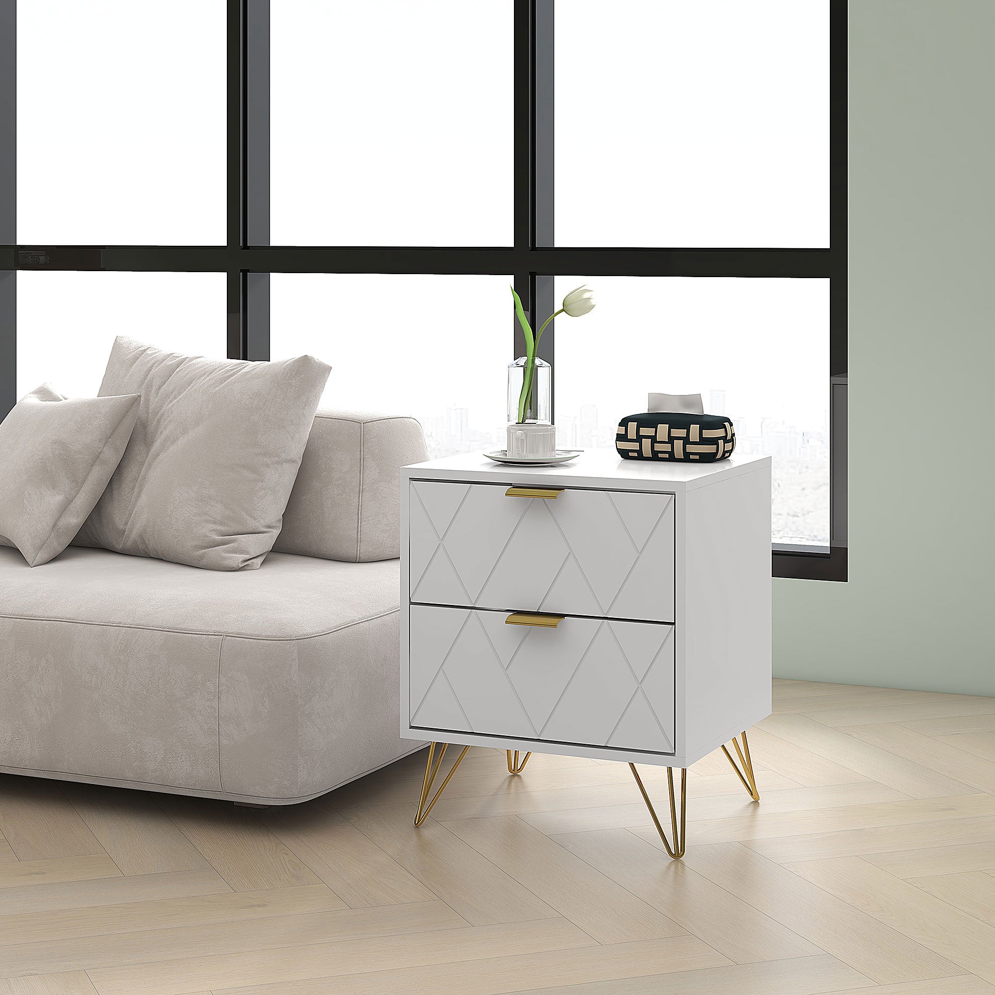 HOMCOM Modern Bedside Table, Accent Nightstand with 2 Drawers, Bed End Table for Bedroom, Living Room, White