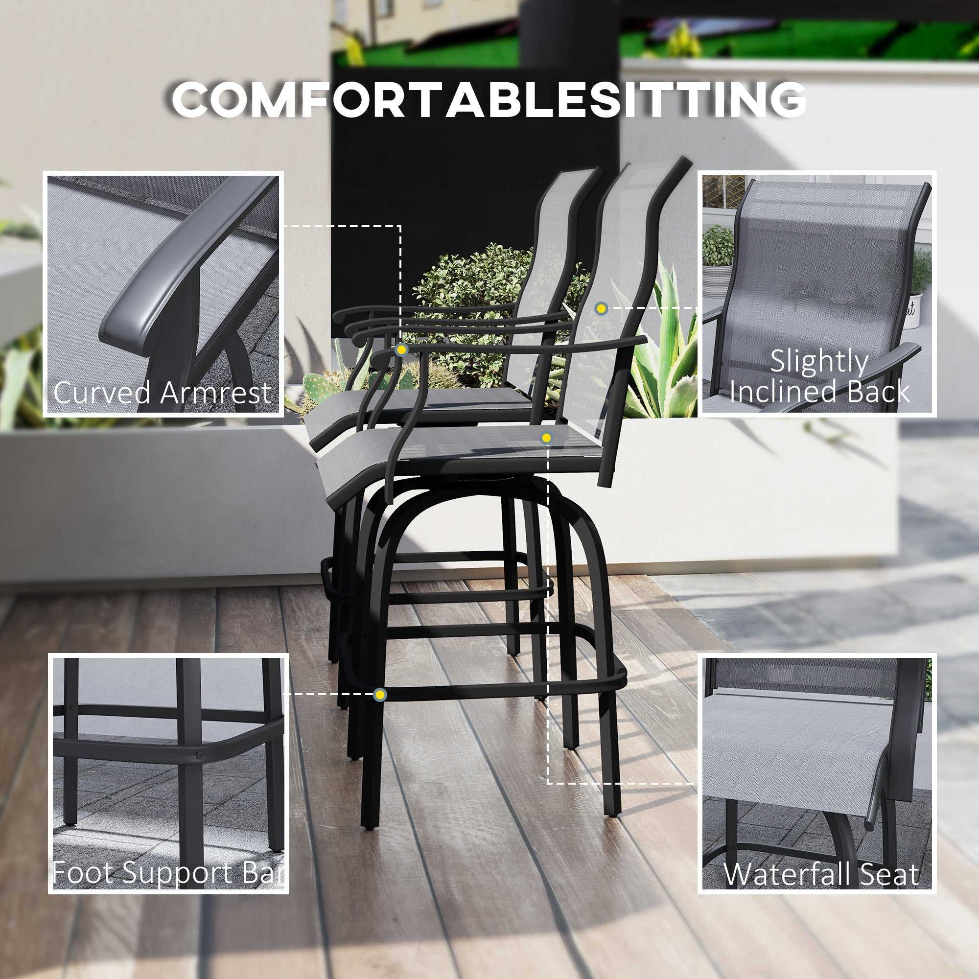 Outsunny Outdoor Bar Stools Set of 2, Swivel Bar Height Chairs with High Back, Curved Armrests and Steel Frame, Light Grey