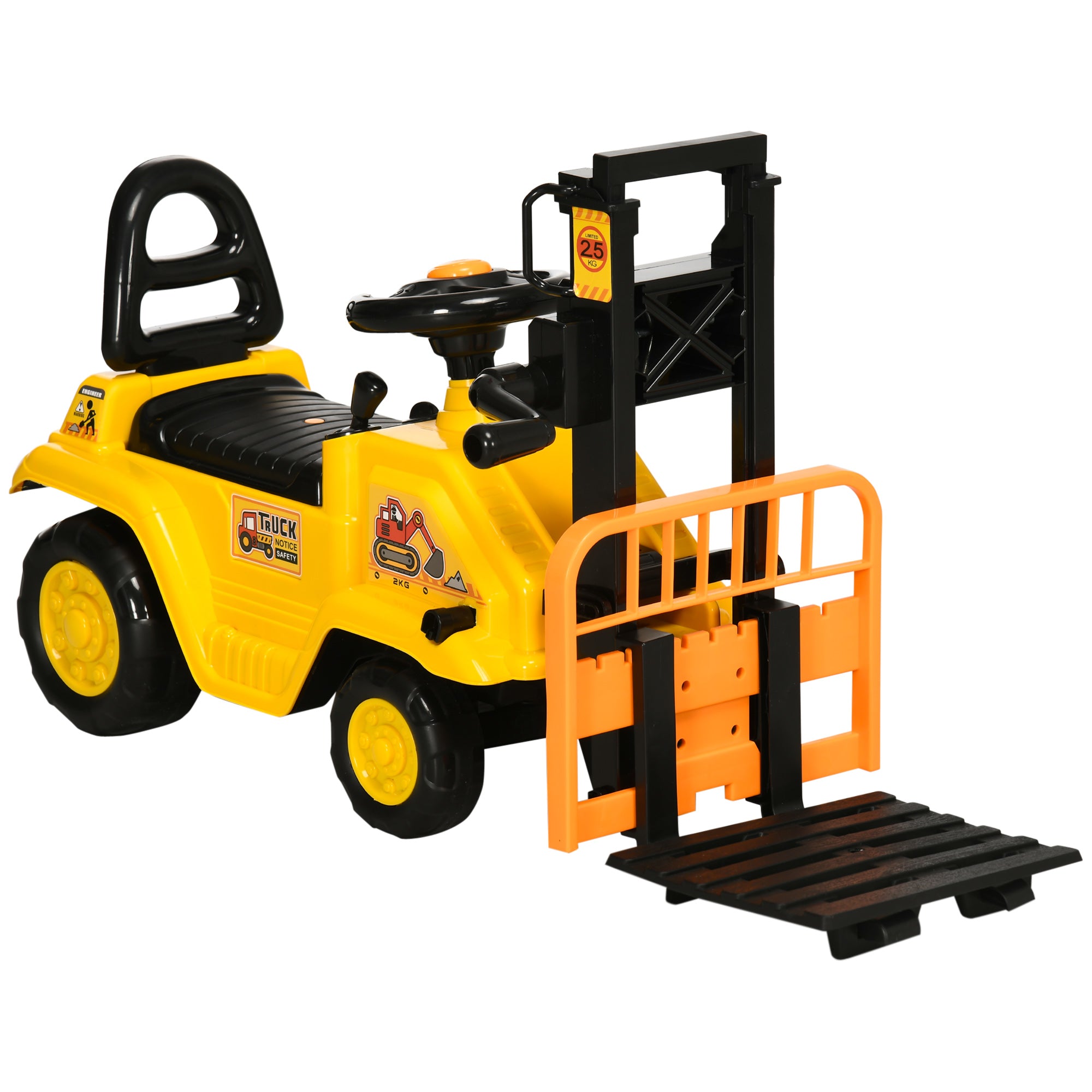 Aosom Ride On Forklift Toy No Power Construction Truck with Fork Tray Storage, for 3-4 Years Old, 33.9"x10.8"x 18.7", Yellow