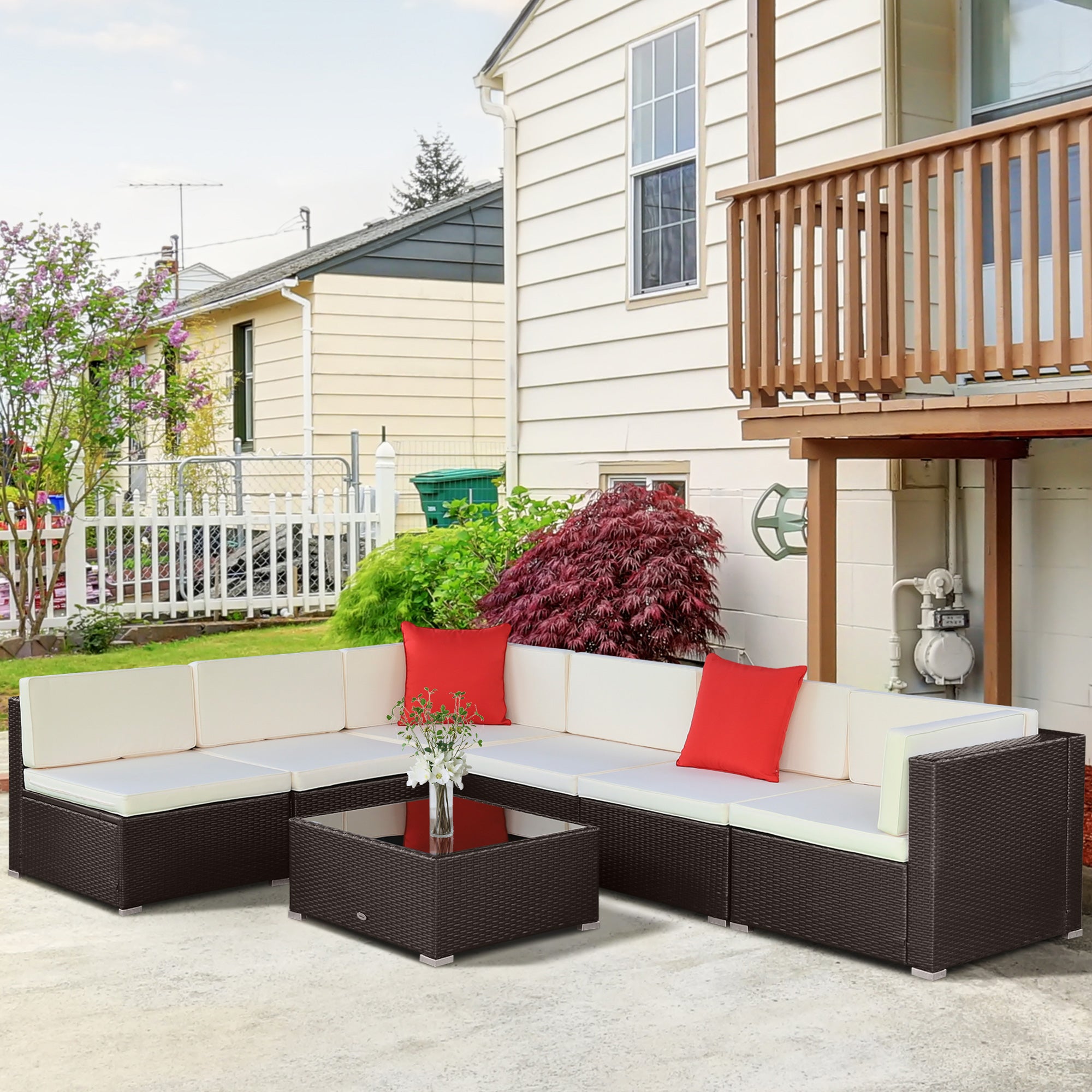 Outsunny 7 Pieces Patio Furniture Set, Rattan Outdoor Conversation Set, Garden Wicker Sofa Set, Ivory