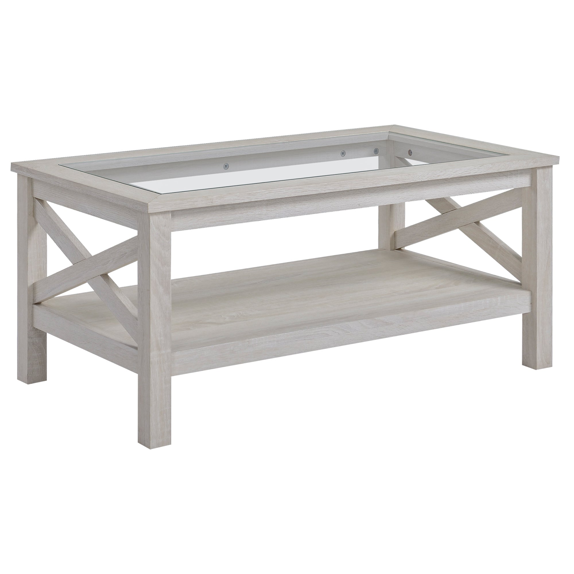HOMCOM Farmhouse Coffee Table with Tempered Glass Table Top, 2-tier Center Table with Bottom Storage Shelf for Living Room, Bedroom