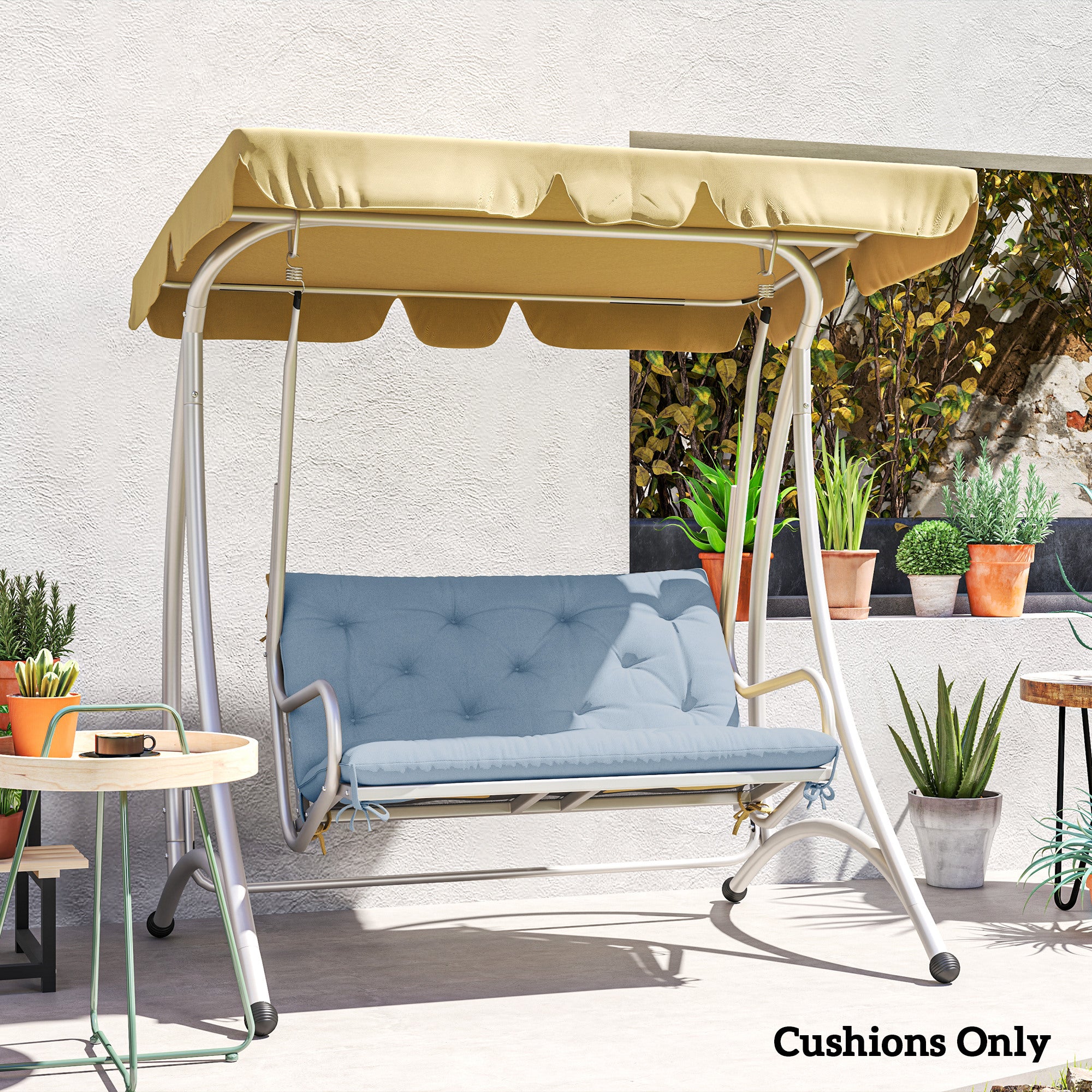 Outsunny Garden Bench Cushion with Backrest, Non-Slip 2 Seater Thick Pad with Ties, Blue