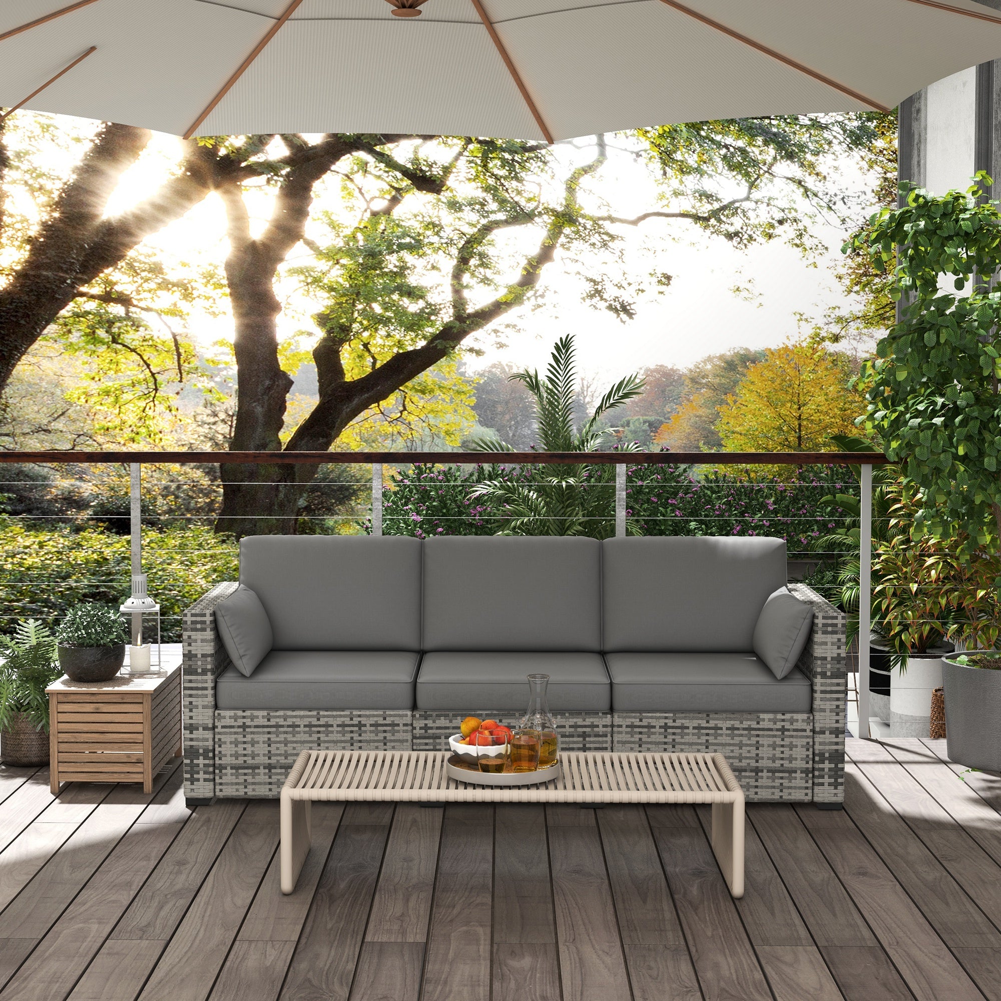 Outsunny 3-Seater Outdoor Sofa with Cushions, PE Rattan Conversation Patio Couch with Pillows for Garden, Poolside, Grey