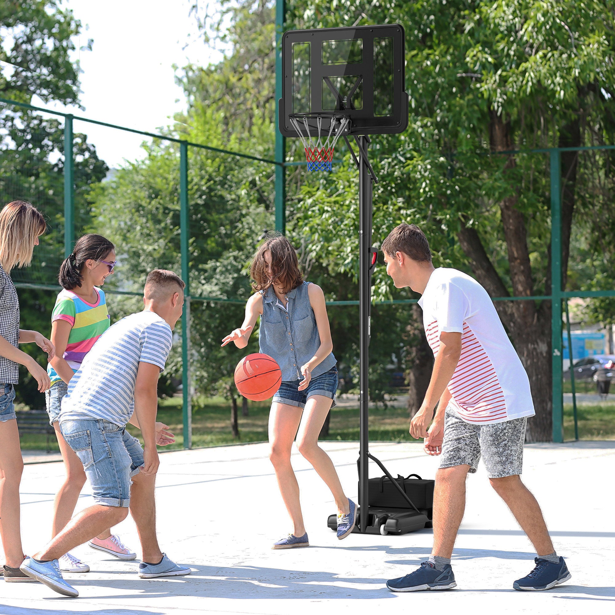 Soozier 7.7-10ft Portable Basketball Hoop, Basketball Goal with Free Weight, Wheels, 43" Backboard and Fillable Base