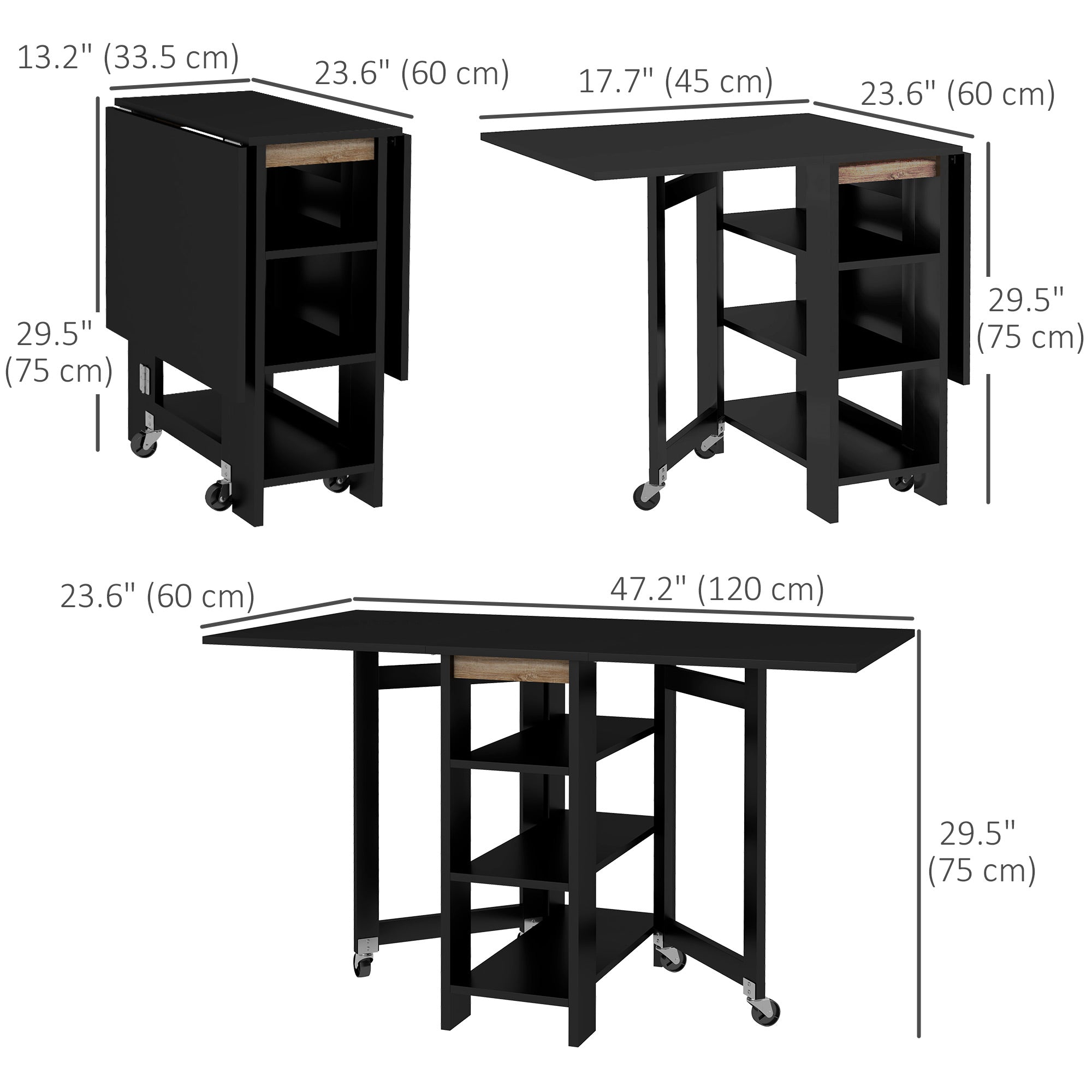HOMCOM Folding Dining Table with Storage, Drop Leaf Kitchen Table for Small Spaces, Black