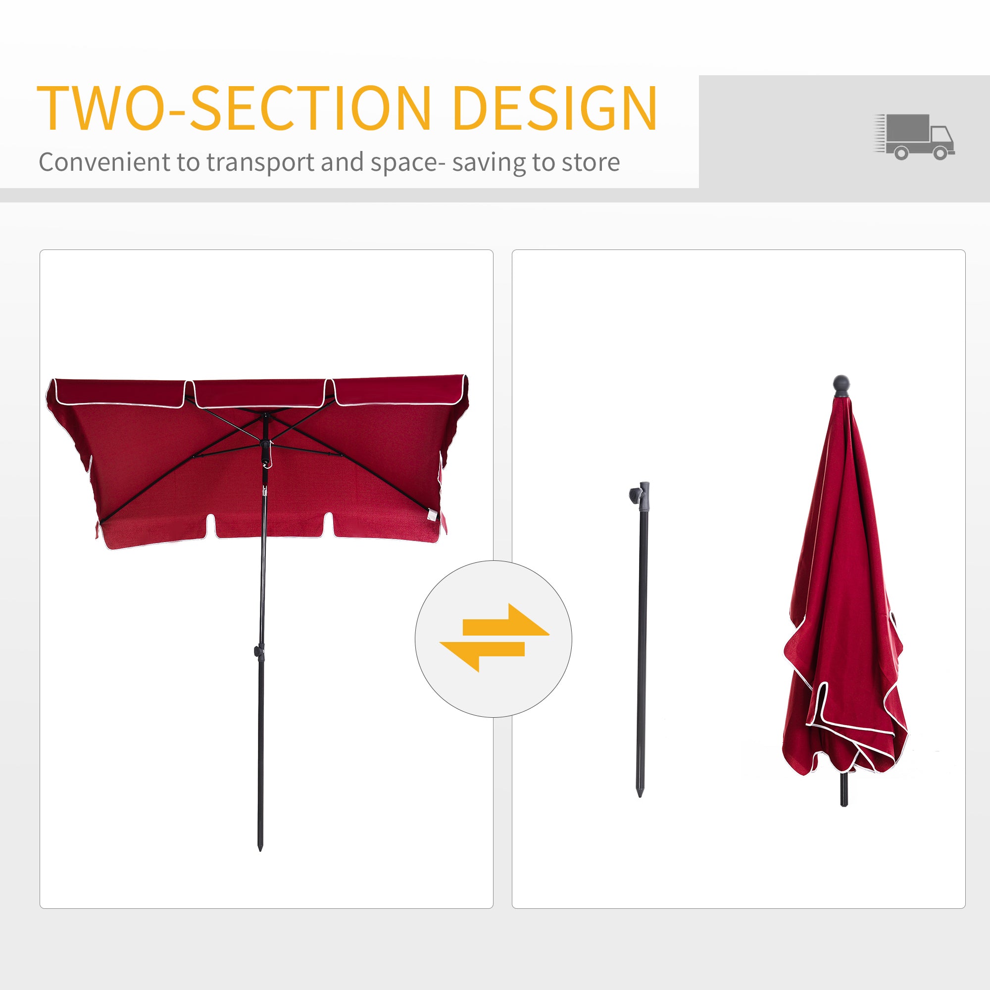 Outsunny 6.5x4ft Rectangle Patio Umbrella Aluminum Tilt Adjustable Garden Parasol Sun Shade Outdoor Canopy Red