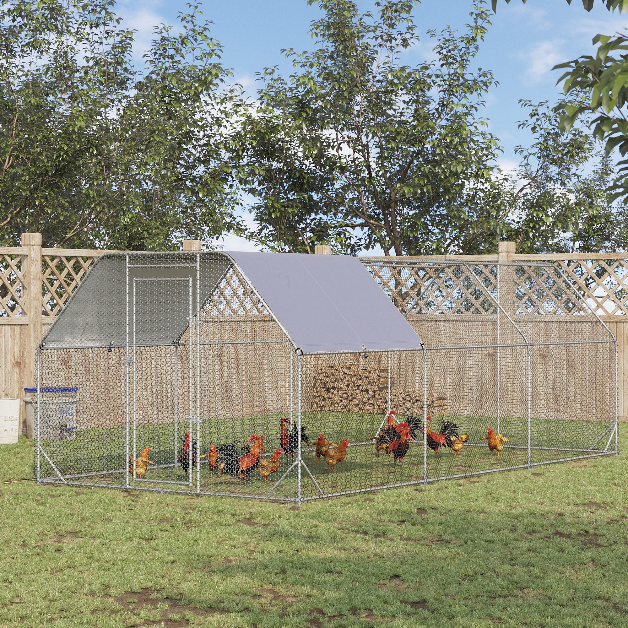PawHut Chicken Run, Galvanized Large Metal Chicken Coop Cage, Walk-in Enclosure Poultry Hen Run House Playpen Rabbit Hutch with Flat Roof, Cover, for Outdoor Backyard, 9.2' x 18.7' x 6.5', Silver