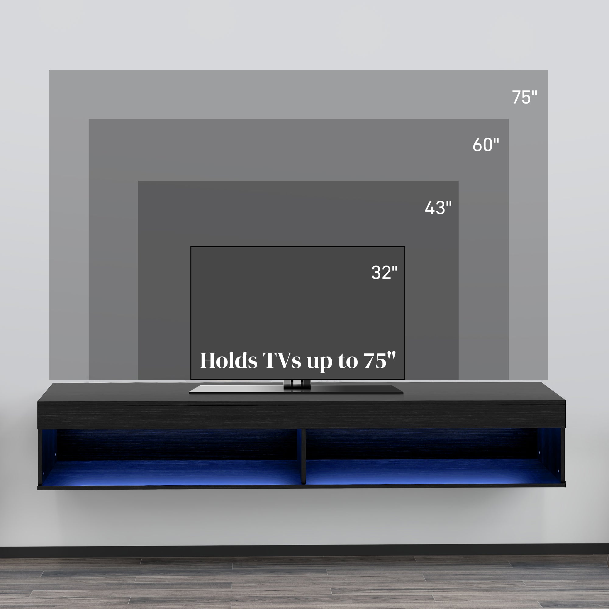 HOMCOM Modern Wall Mounted TV Stand with Storage and LED Lights for TVs up to 75", Floating TV Shelf for Living Room, Black
