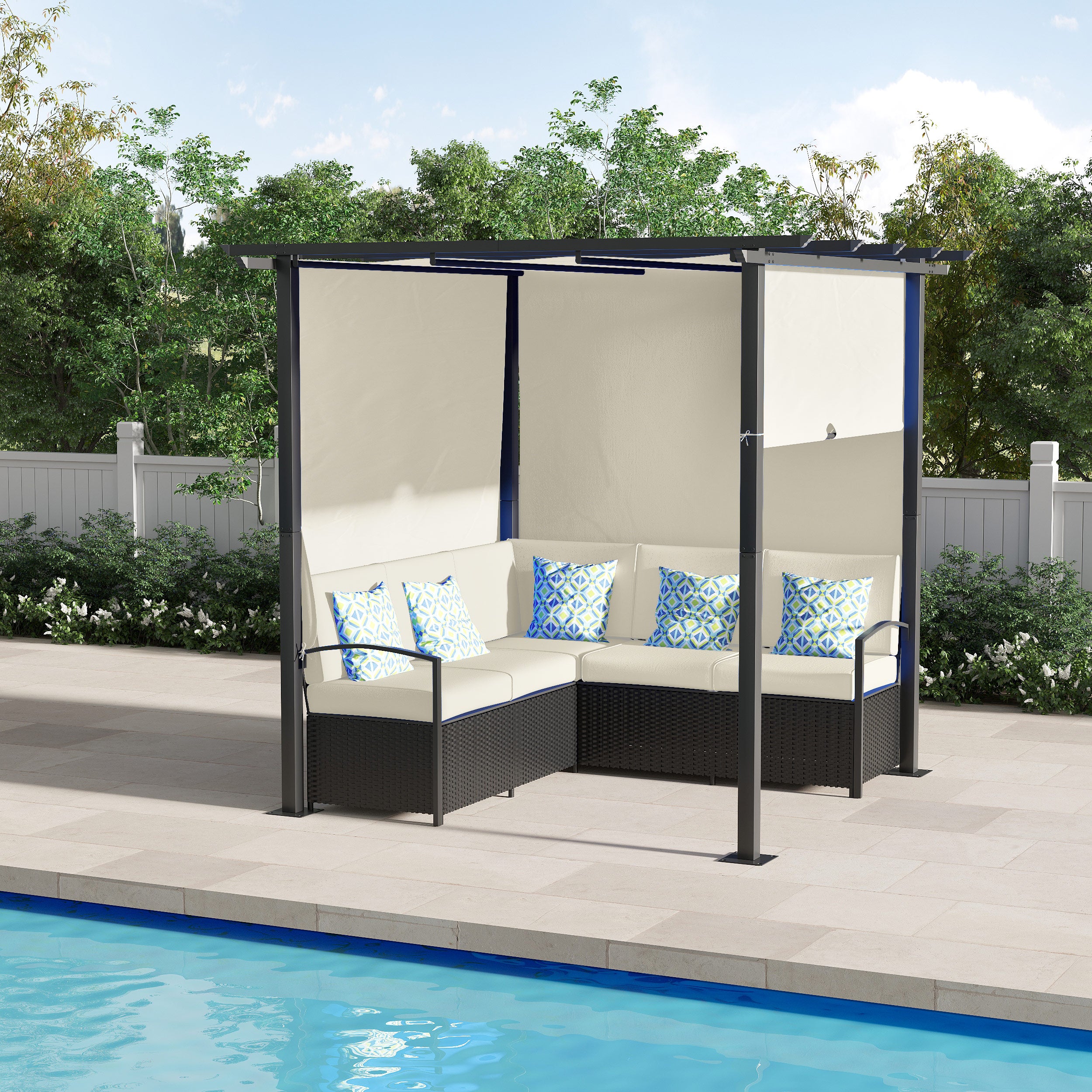 Outsunny Outdoor Rattan Wicker Patio Furniture Sofa Set with Retractable Canopy Pergola for Deck, Pool, Garden, Beige