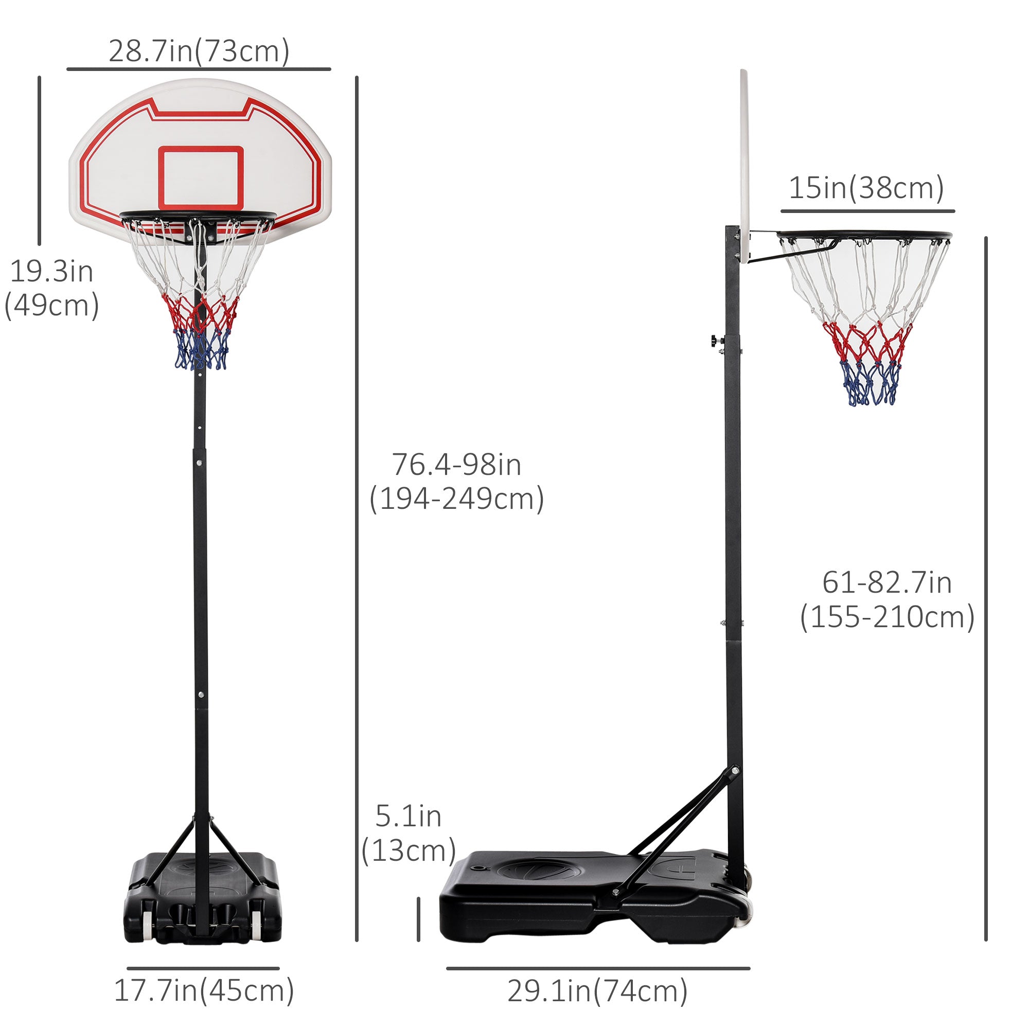 Soozier Portable Basketball Hoop and Stand, 5-7ft Height-Adjustable, with Wheels, 29" Backboard, Ball Holder, Durable Basketball Goal for Indoor and Outdoor Use